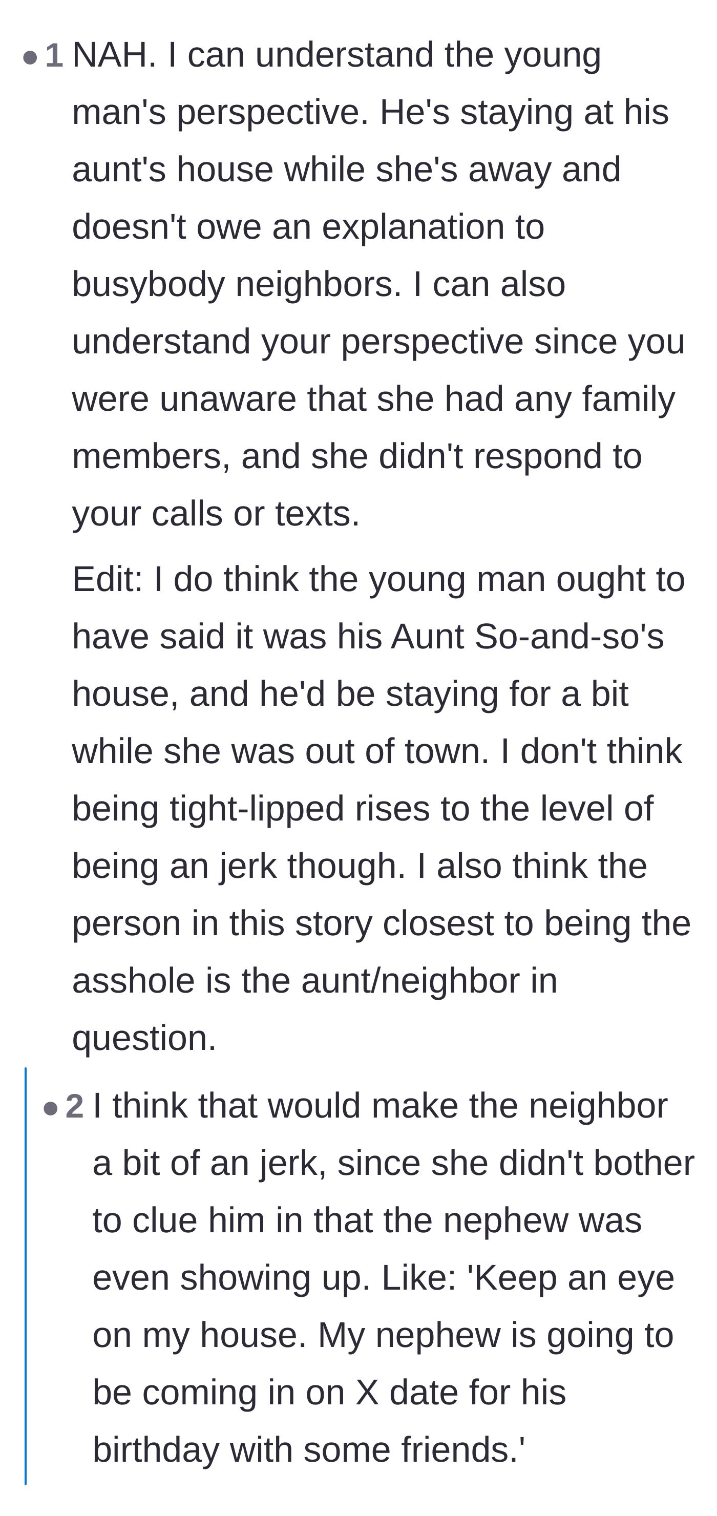 Comment thread 6 - A debate over whether the nephew had a right to be tight-lipped or if he was acting like a disrespectful guest.