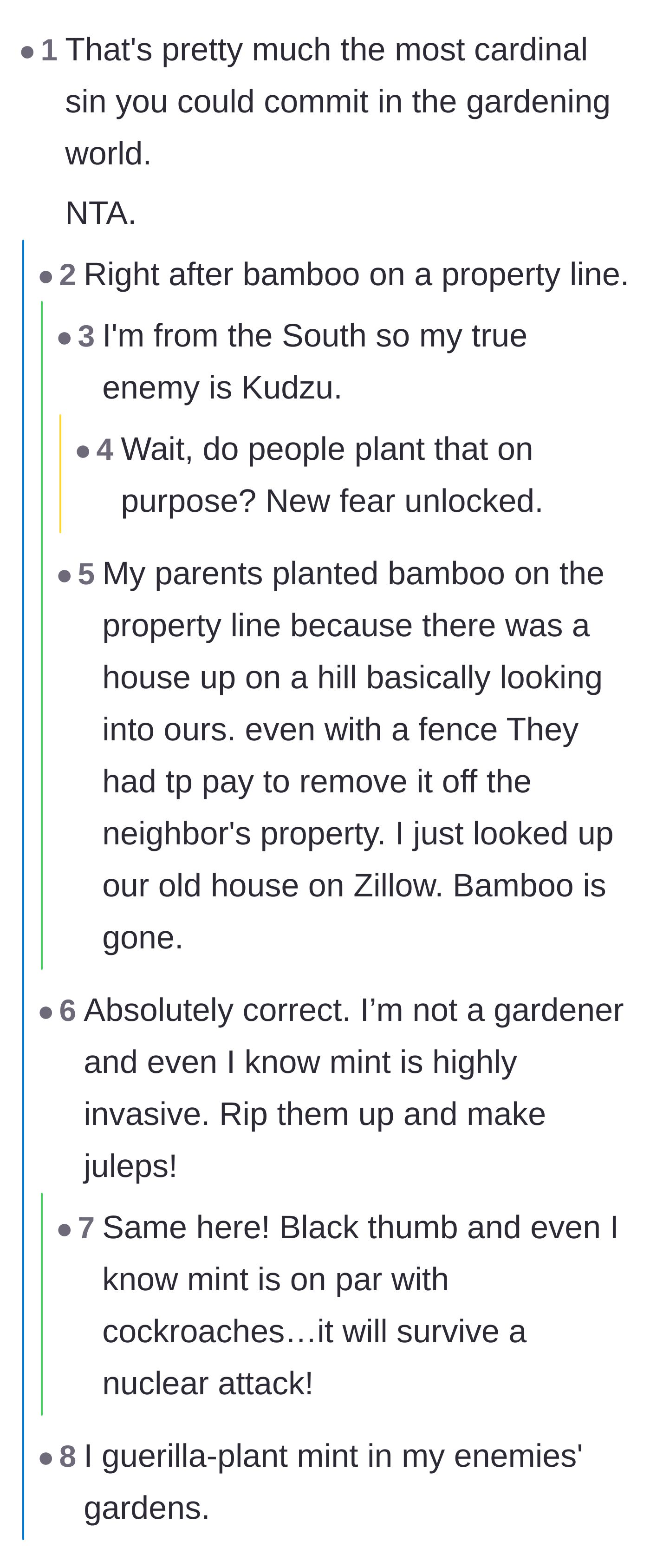 Comment thread 2 - A discussion comparing mint to highly invasive and indestructible nuisances like bamboo, kudzu, and cockroaches.