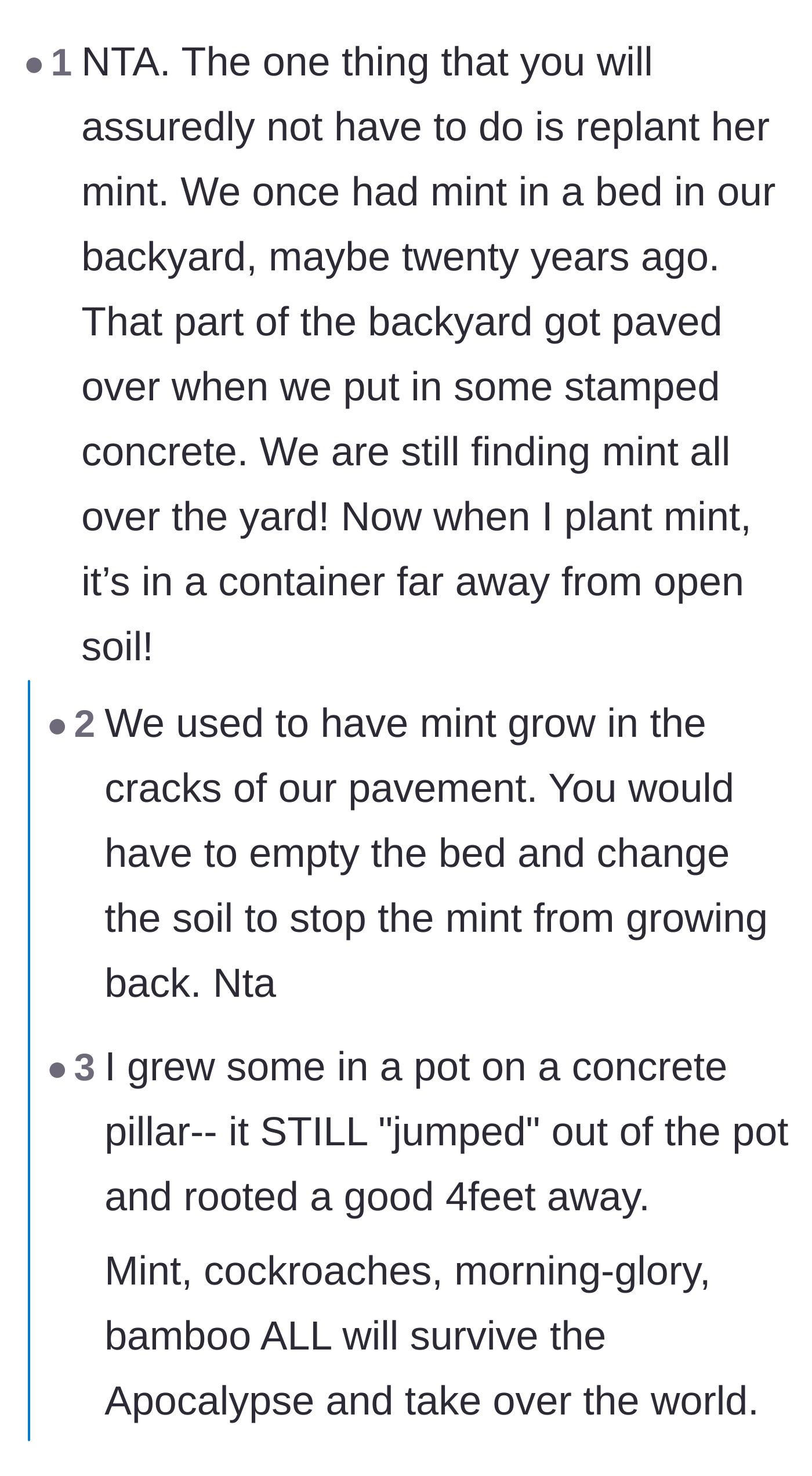 Comment thread 3 - Users sharing anecdotes about mint surviving extreme conditions, including growing through stamped concrete and pavement.