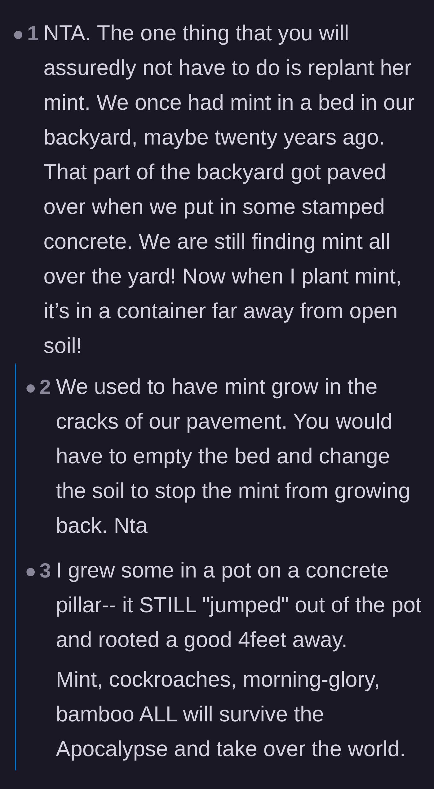 Comment thread 3 - Users sharing anecdotes about mint surviving extreme conditions, including growing through stamped concrete and pavement.