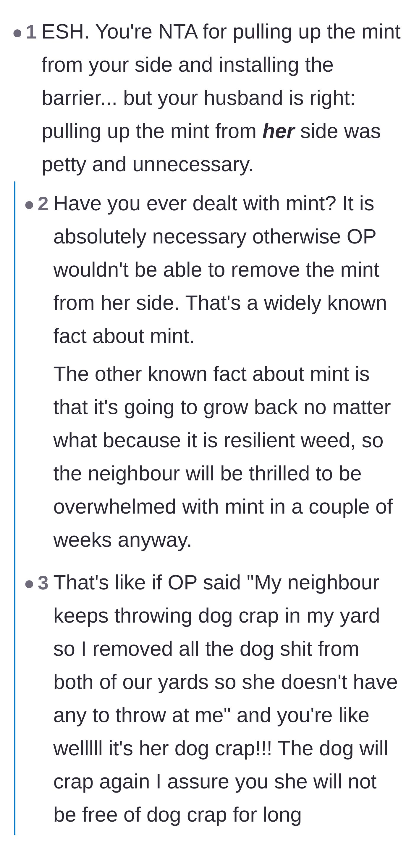 Comment thread 4 - A debate on whether crossing the property line to remove the mint was justified or a violation of property rights.