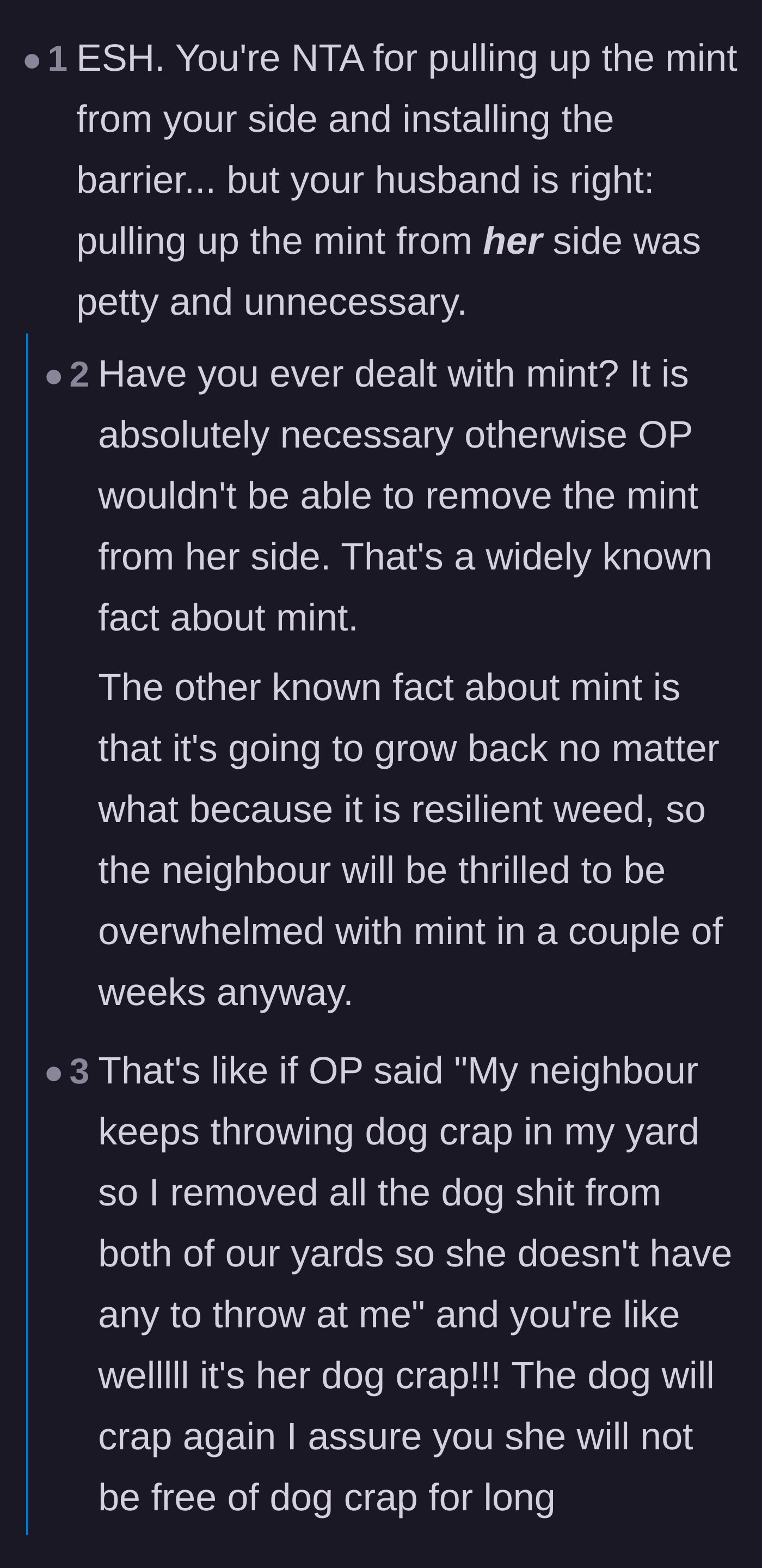 Comment thread 4 - A debate on whether crossing the property line to remove the mint was justified or a violation of property rights.