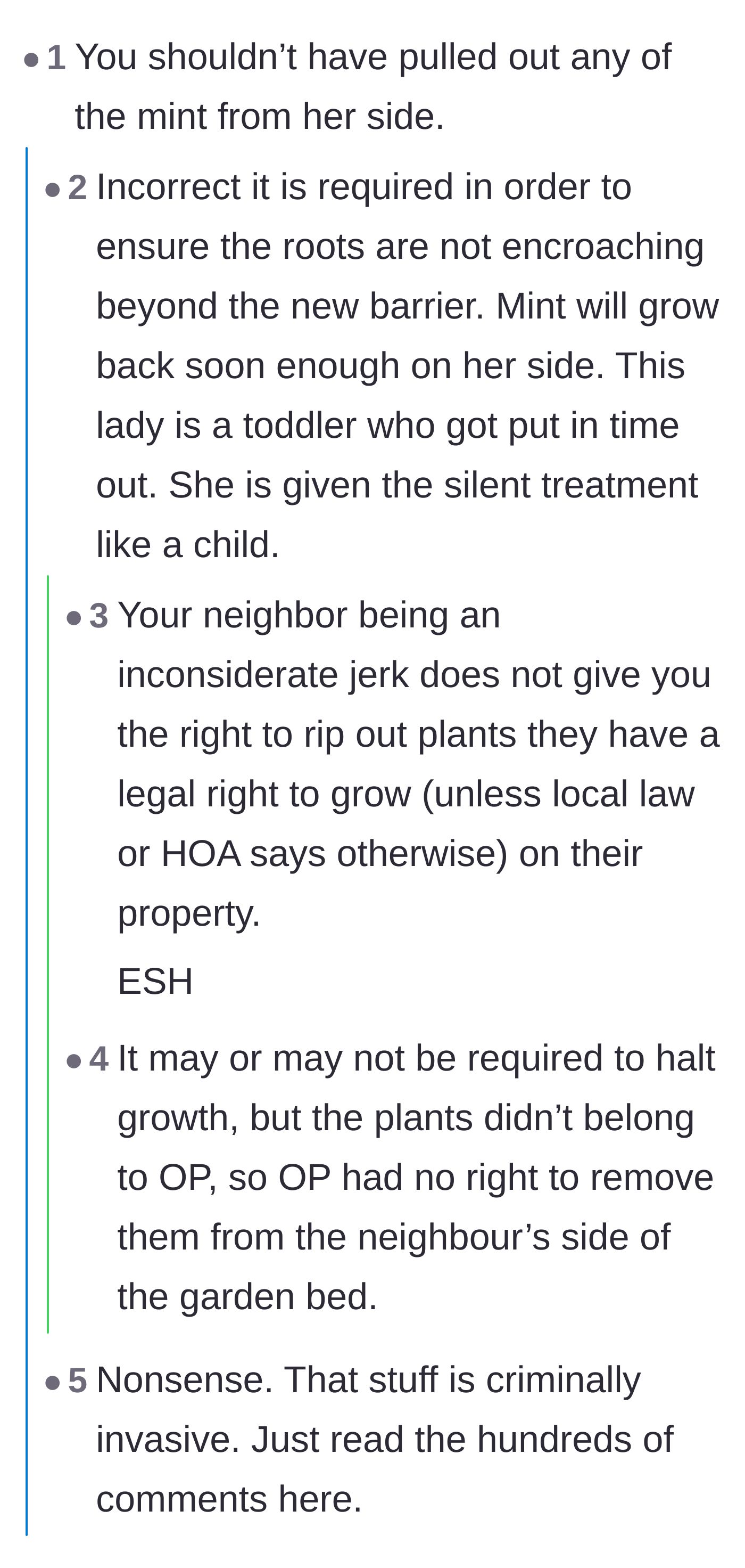 Comment thread 5 - Arguments back and forth regarding the legality of destroying the neighbor's property versus the right to protect one's own garden.