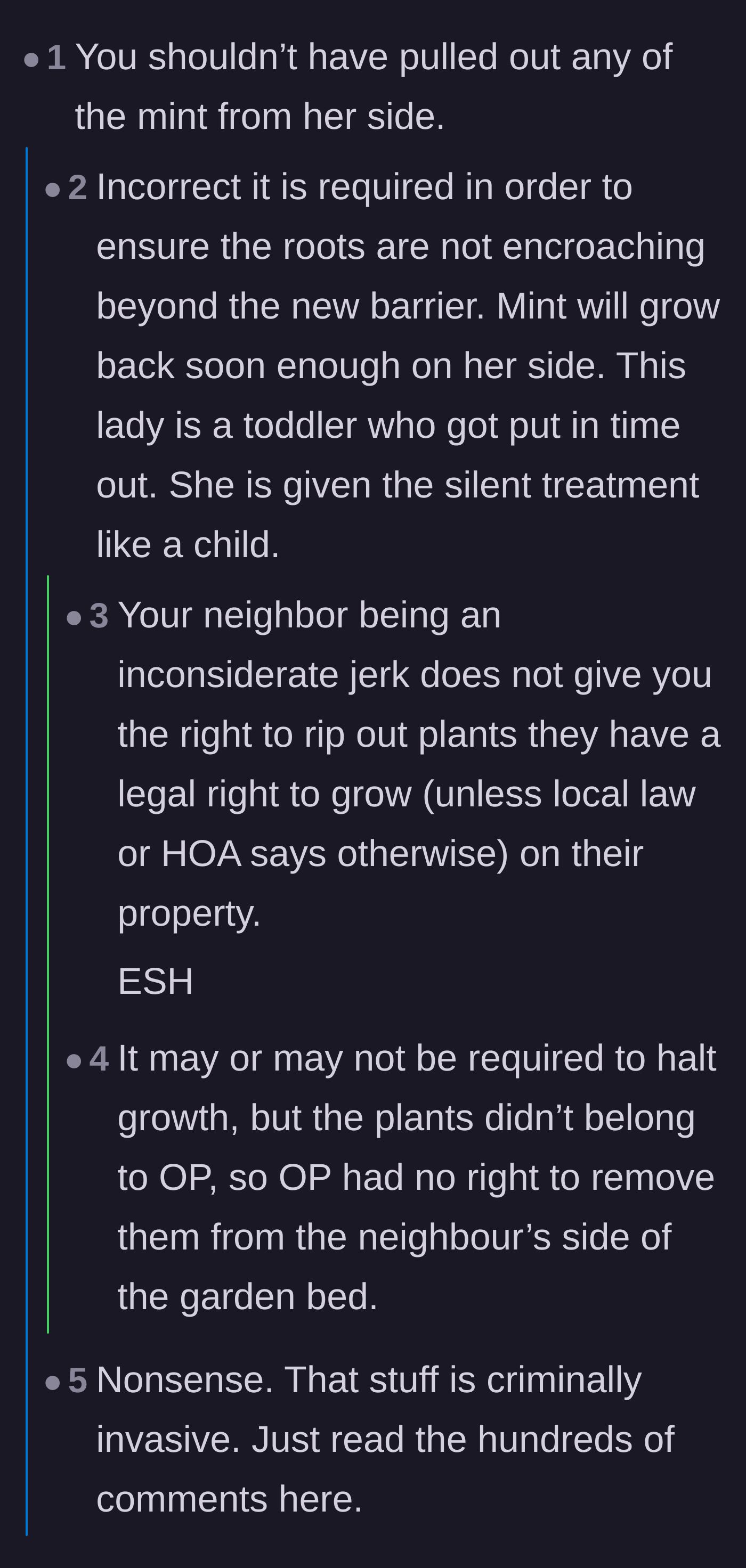 Comment thread 5 - Arguments back and forth regarding the legality of destroying the neighbor's property versus the right to protect one's own garden.