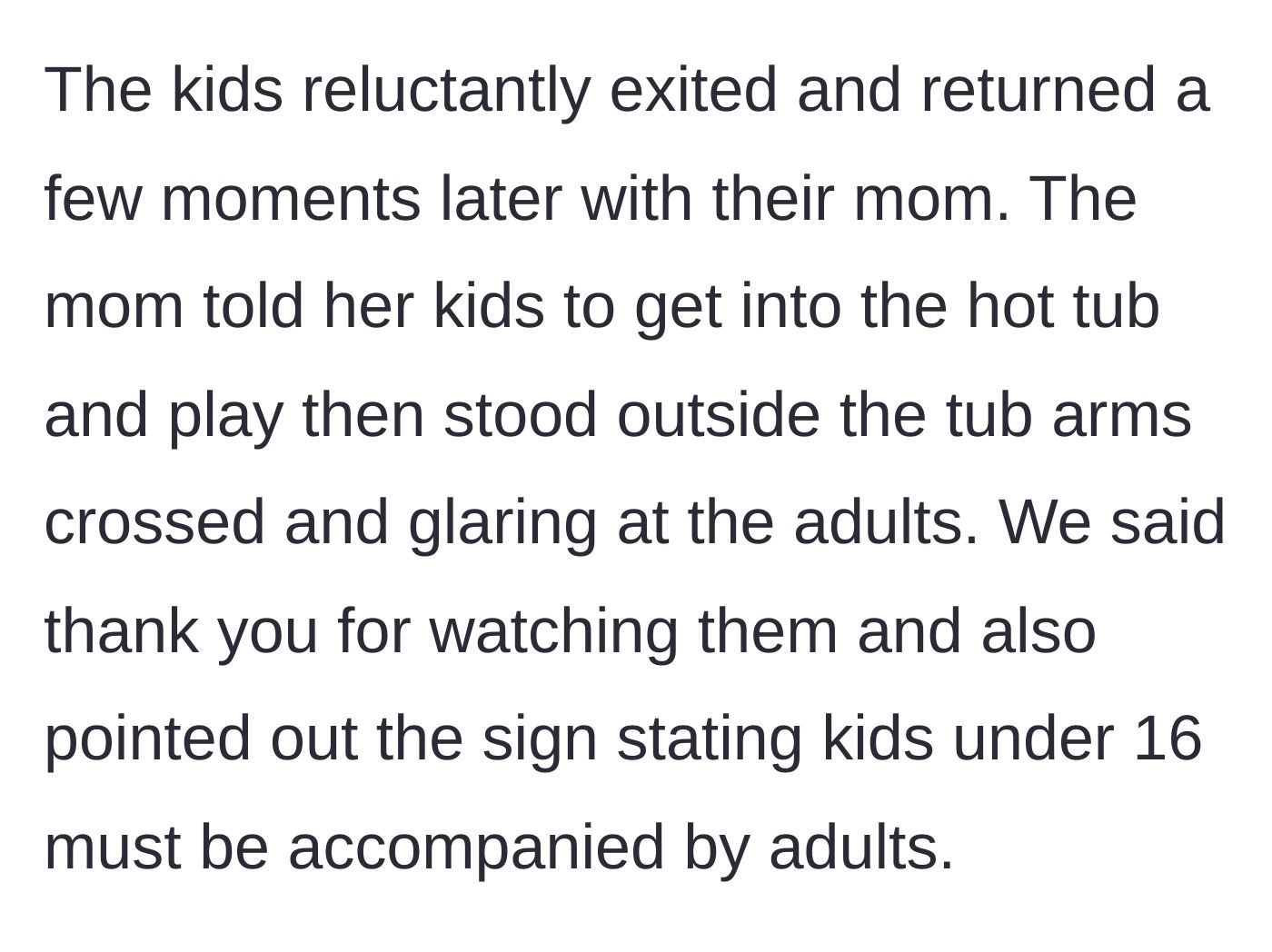 Story part 2 - The mother returns the kids to the water, glares at the adults, and stands nearby with crossed arms.