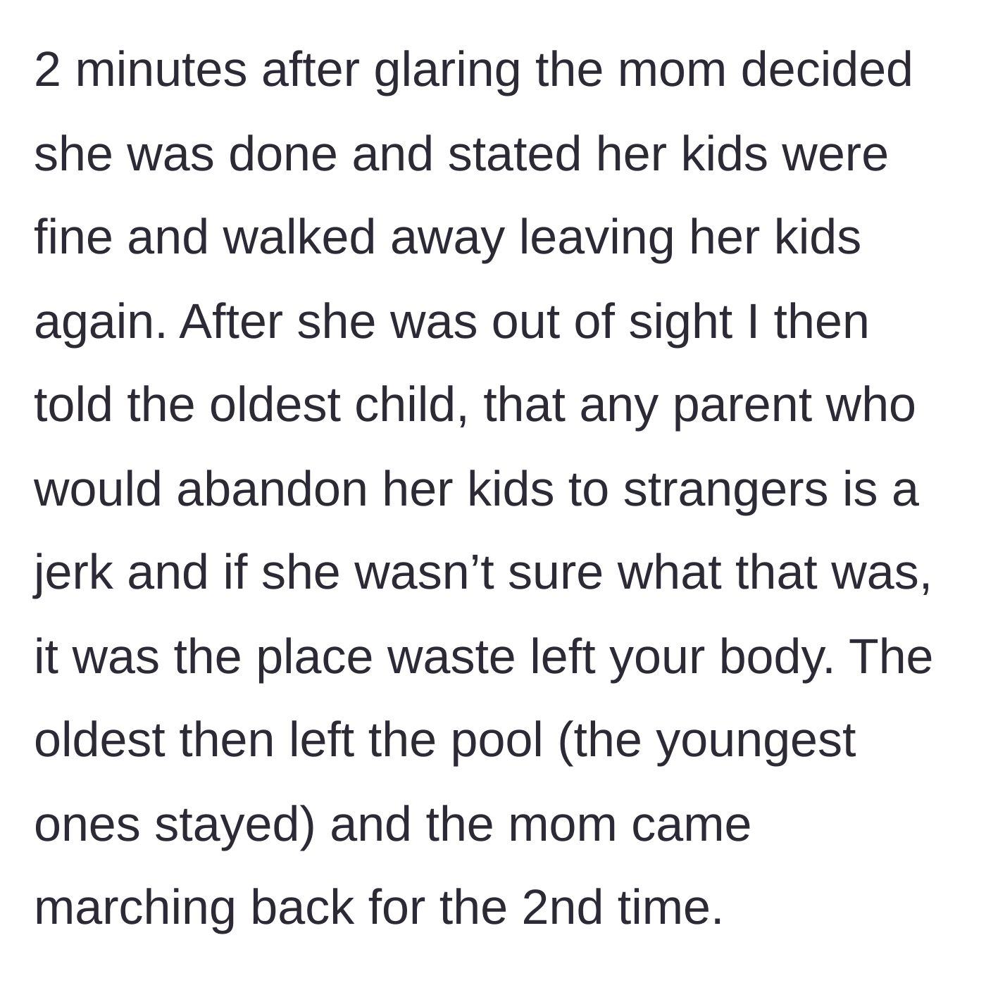 Story part 3 - The mother leaves again, and the main character explains the definition of a 'jerk' to the oldest child.