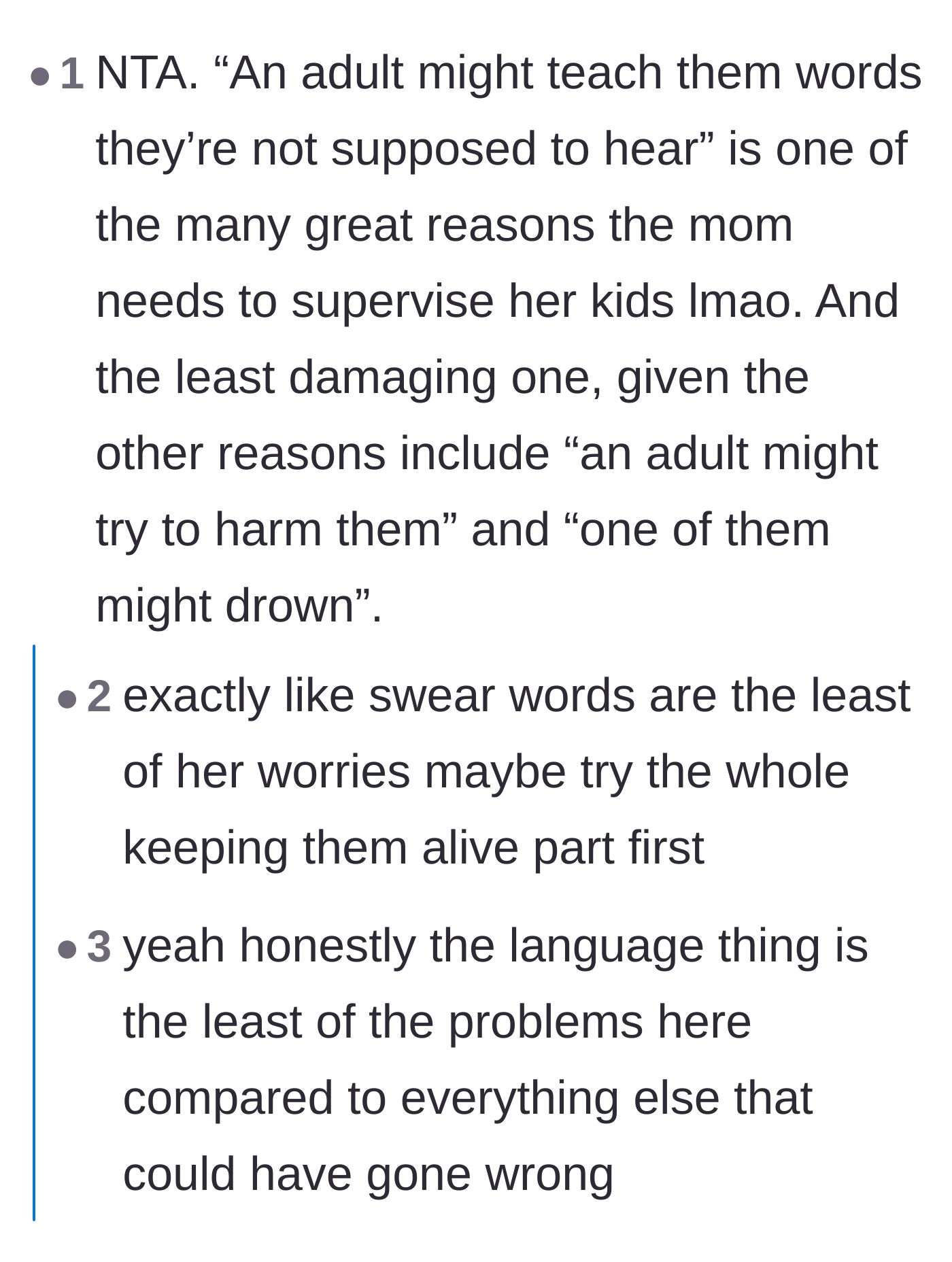 Comment thread 1 - A discussion on how hearing a bad word is a much smaller risk than drowning.