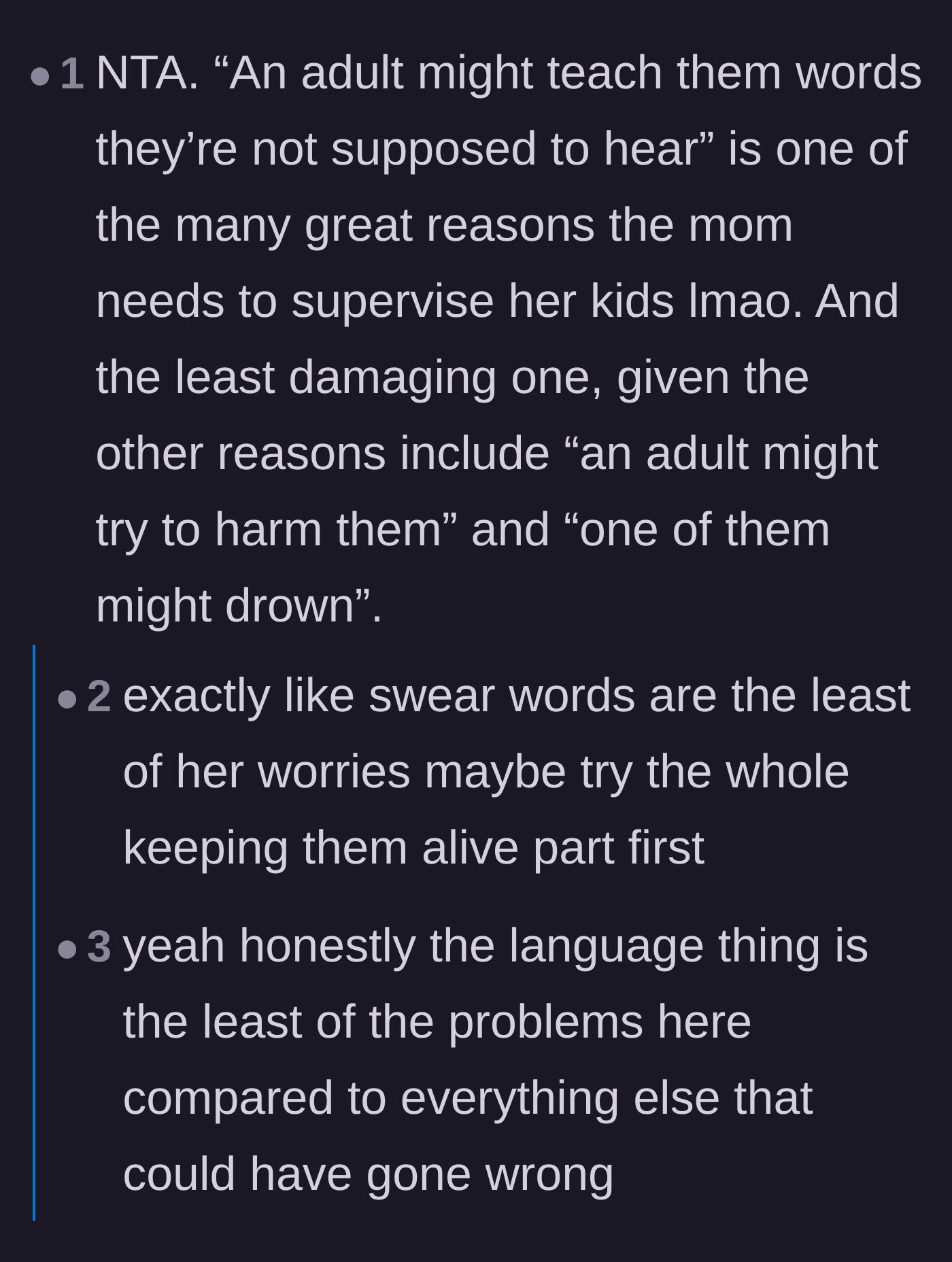 Comment thread 1 - A discussion on how hearing a bad word is a much smaller risk than drowning.
