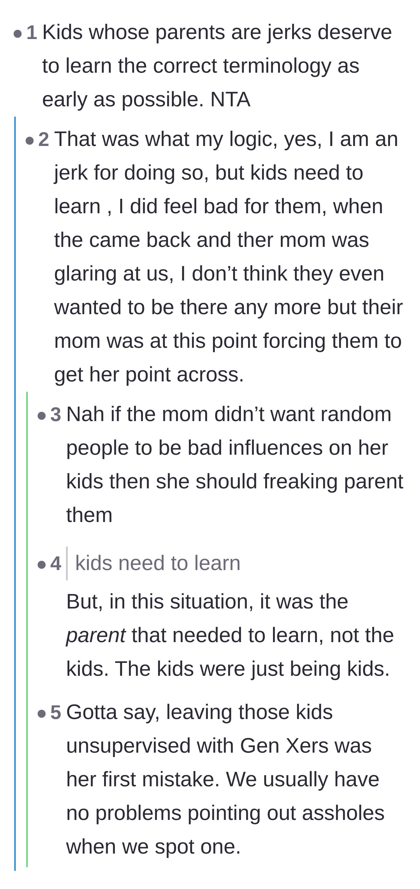 Comment thread 2 - A debate over whether the children deserved to be used as messengers to punish their mother.