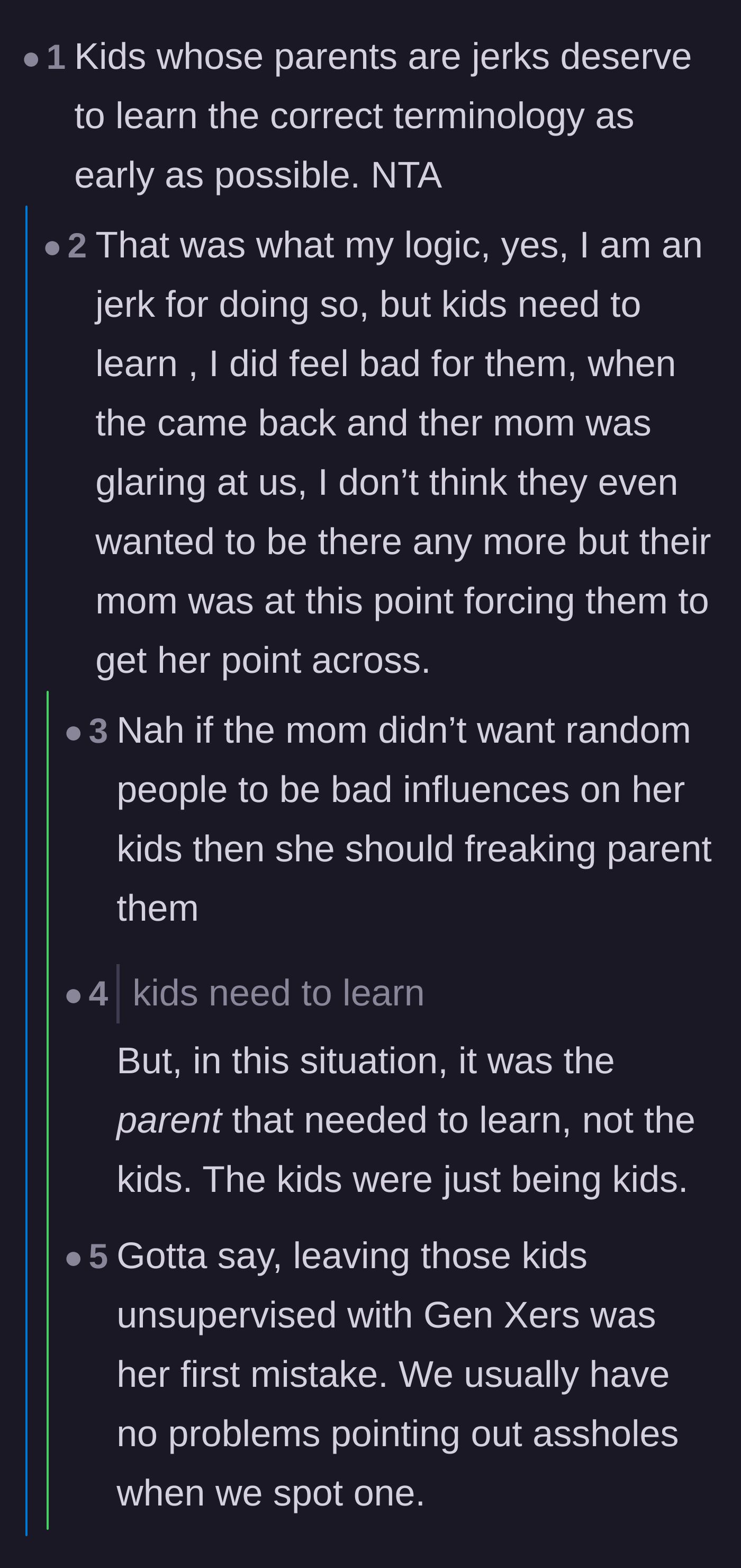 Comment thread 2 - A debate over whether the children deserved to be used as messengers to punish their mother.