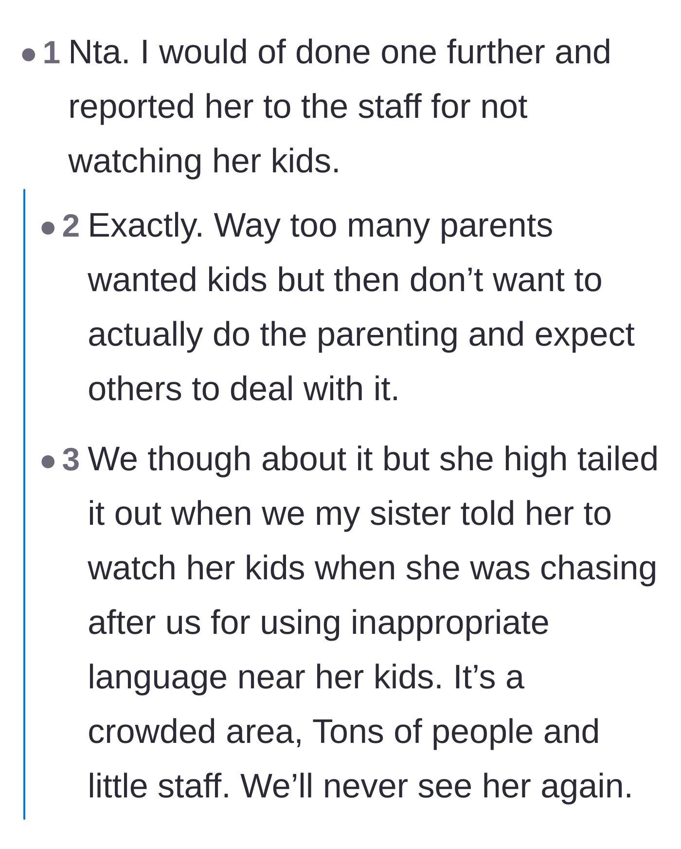 Comment thread 3 - Suggestions that the main character should have just reported the mother to hotel staff.