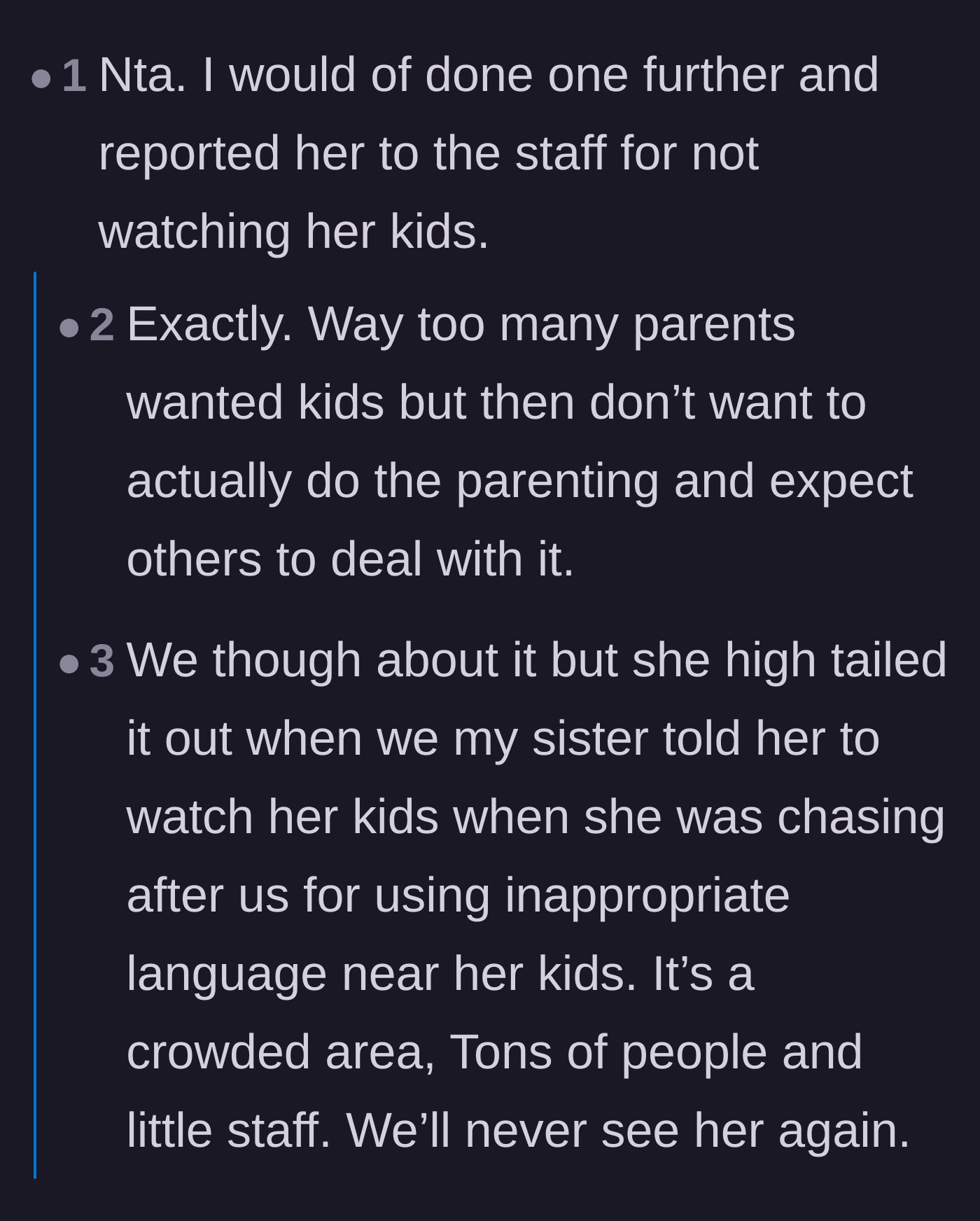 Comment thread 3 - Suggestions that the main character should have just reported the mother to hotel staff.