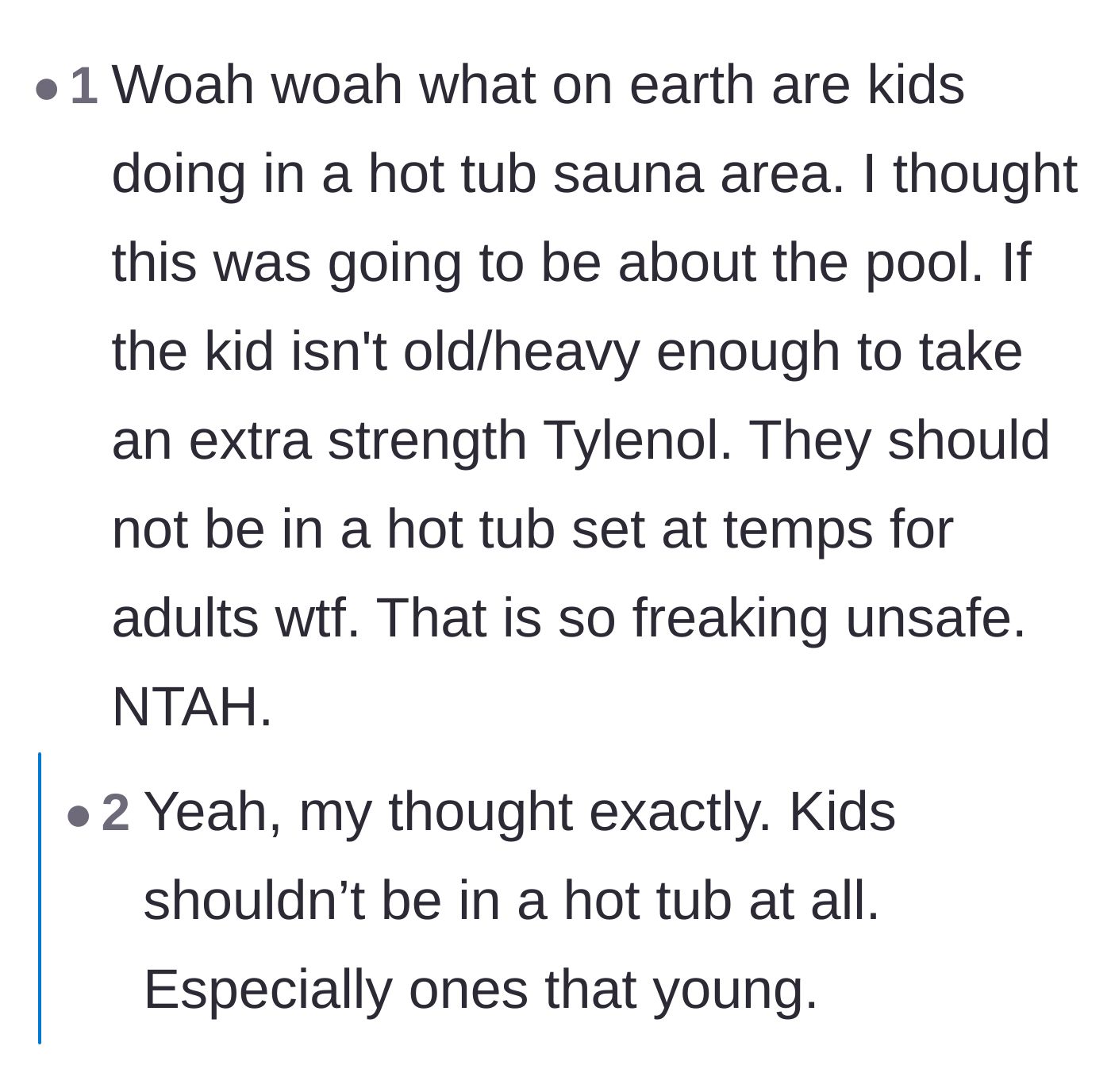 Comment thread 4 - A warning about the severe medical dangers of placing toddlers in high-temperature hot tubs.