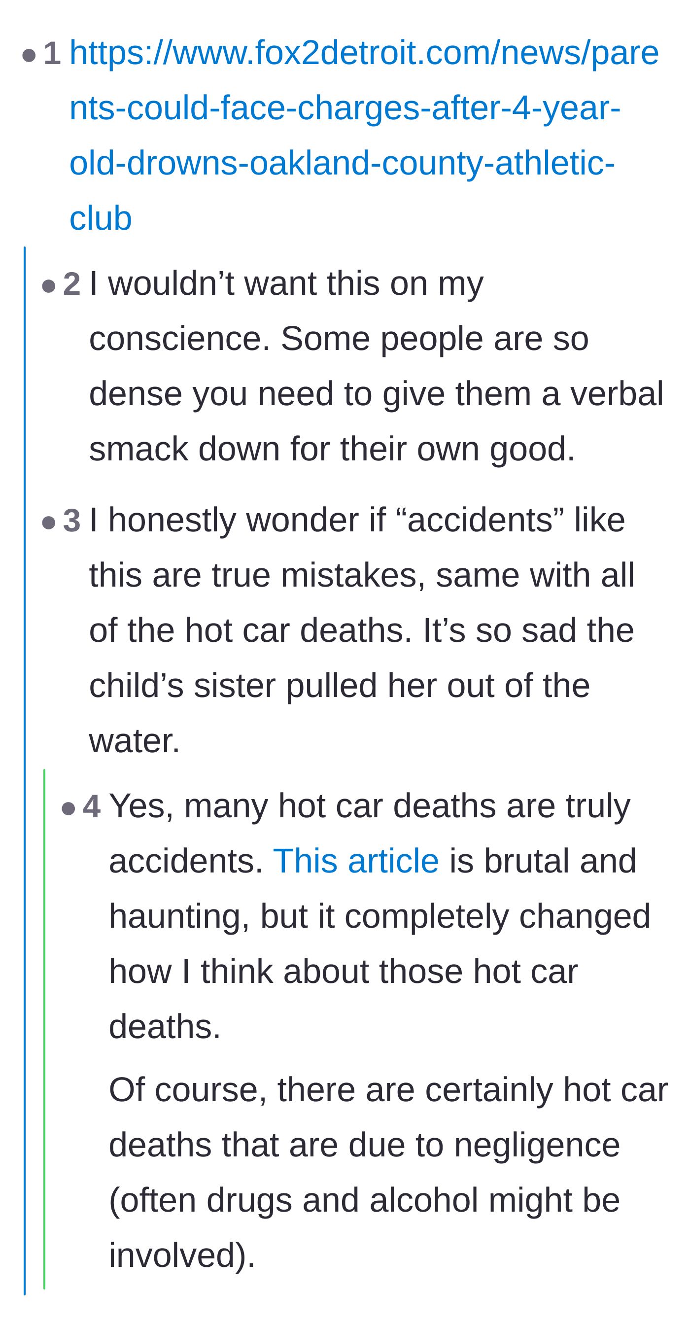 Comment thread 5 - A heartbreaking exchange sharing tragic news stories and separating genuine parental accidents from willful neglect.