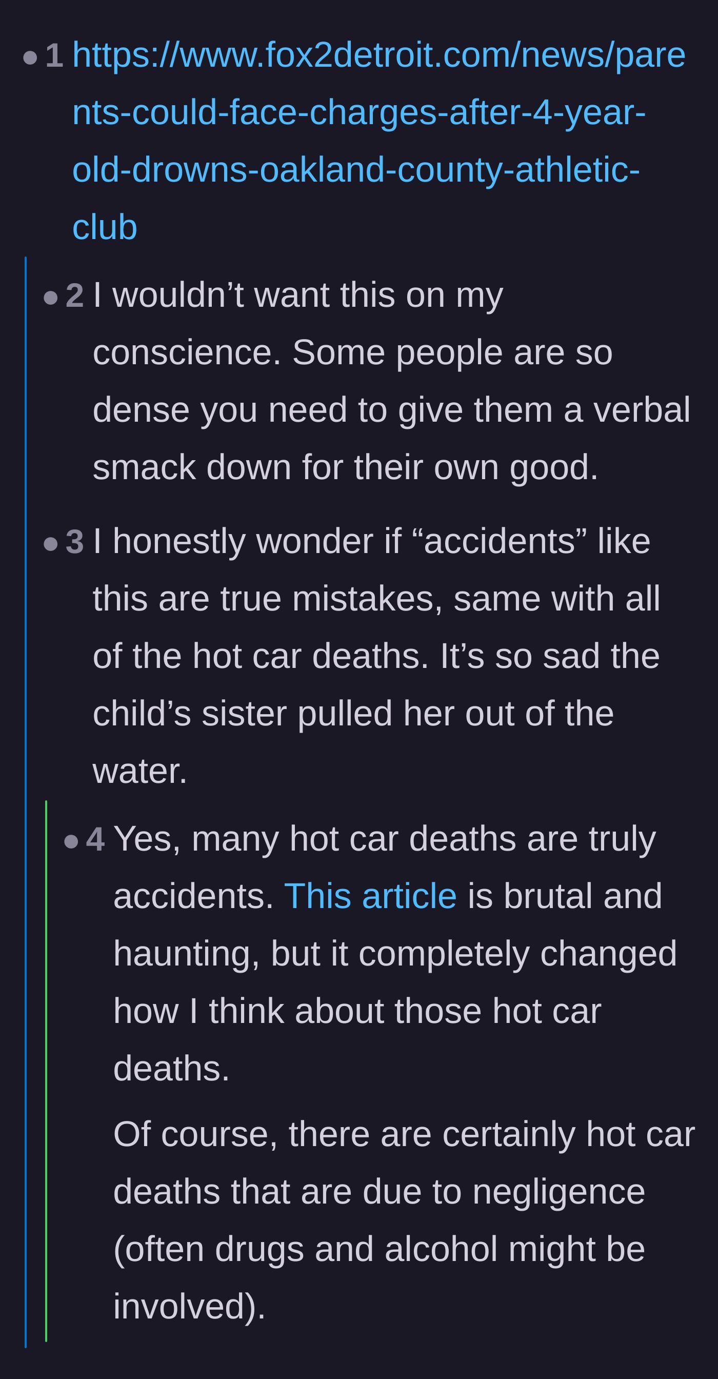 Comment thread 5 - A heartbreaking exchange sharing tragic news stories and separating genuine parental accidents from willful neglect.