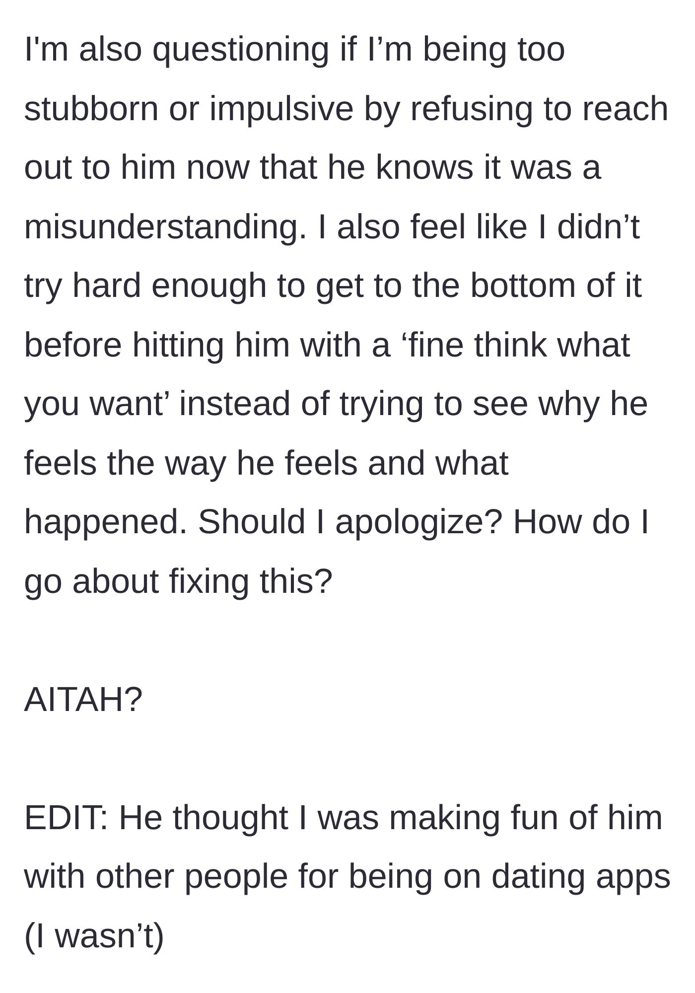 Story part 8 - The main character wonders if she is being too stubborn for not apologizing, adding an edit that the rumor was about making fun of him for using dating apps.