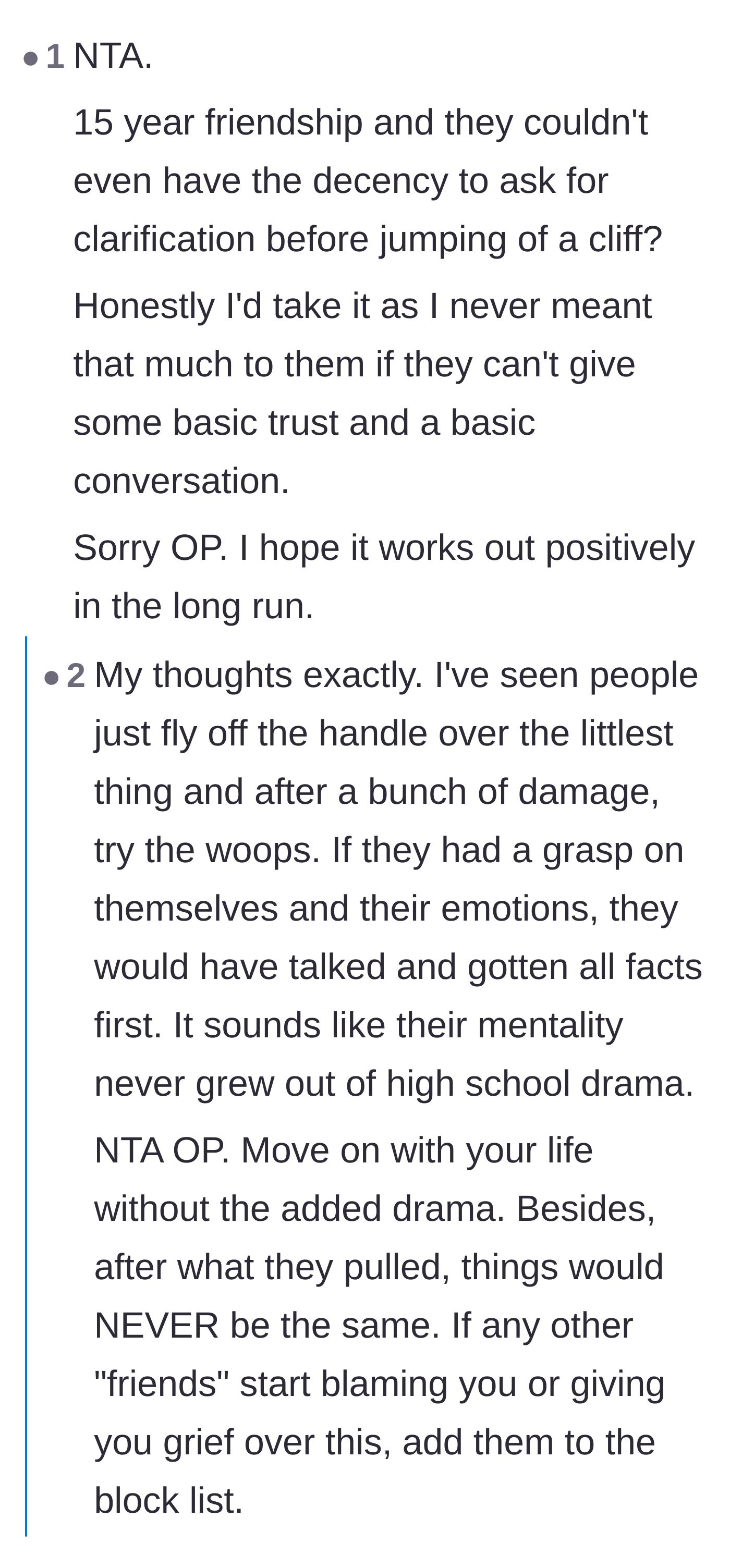 Comment thread 1 - Readers discussing the heartbreak of a 15-year friendship lacking basic trust and communication.