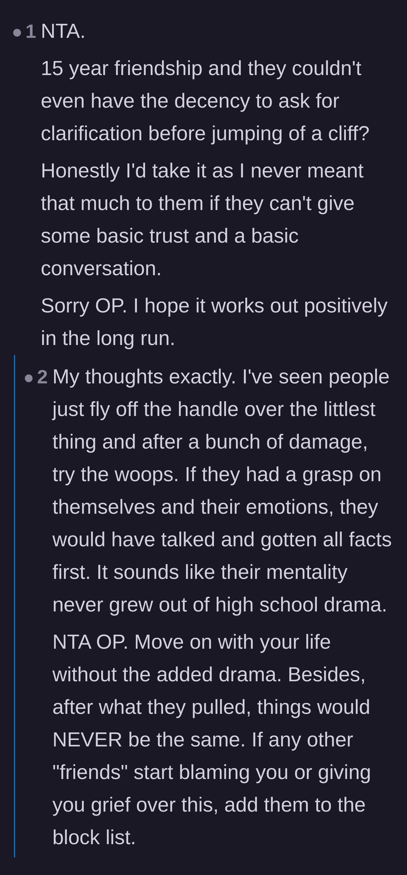 Comment thread 1 - Readers discussing the heartbreak of a 15-year friendship lacking basic trust and communication.