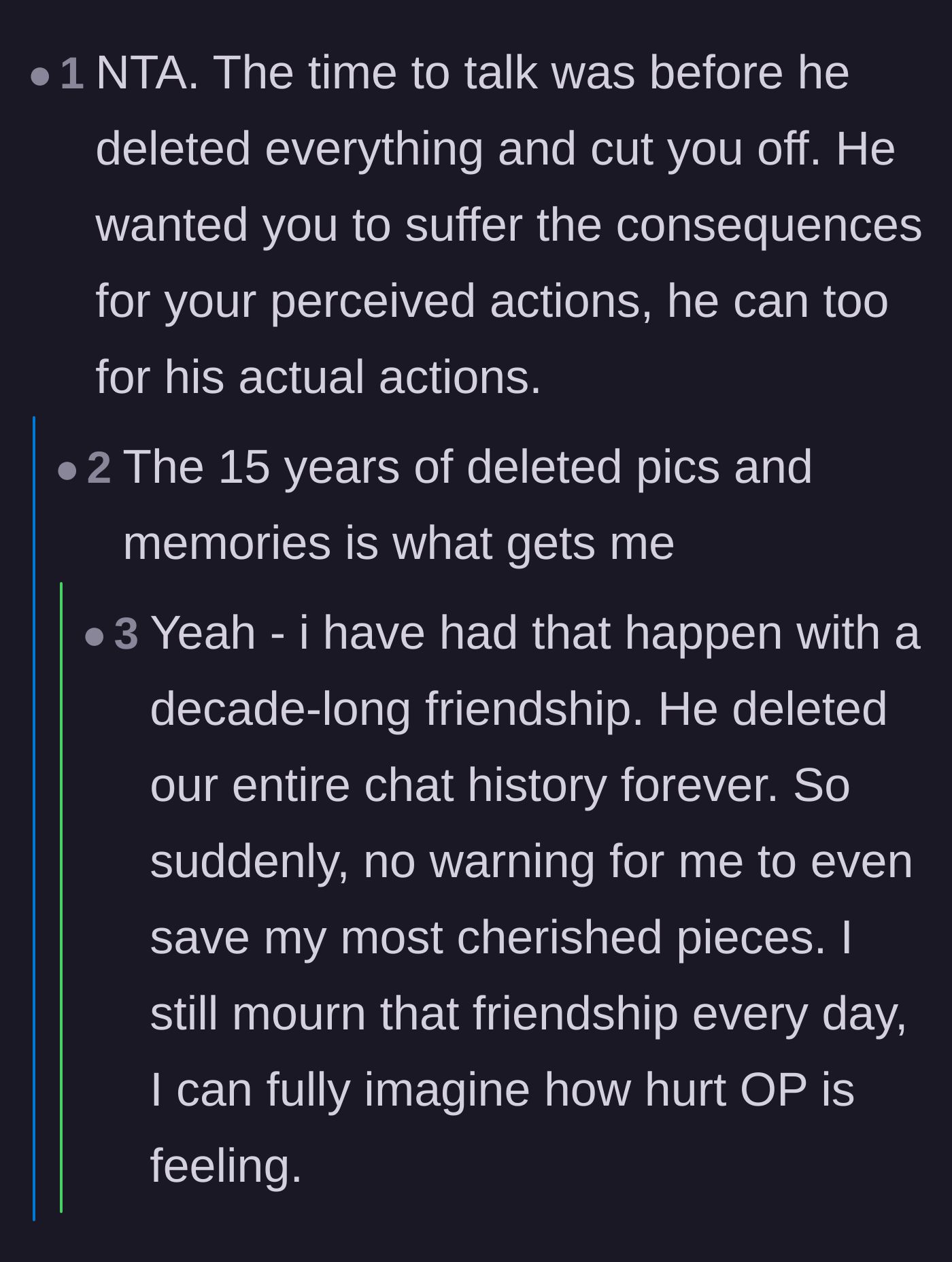 Comment thread 4 - A discussion where readers share their own grief over losing digital memories and photos when a friend blocked them.