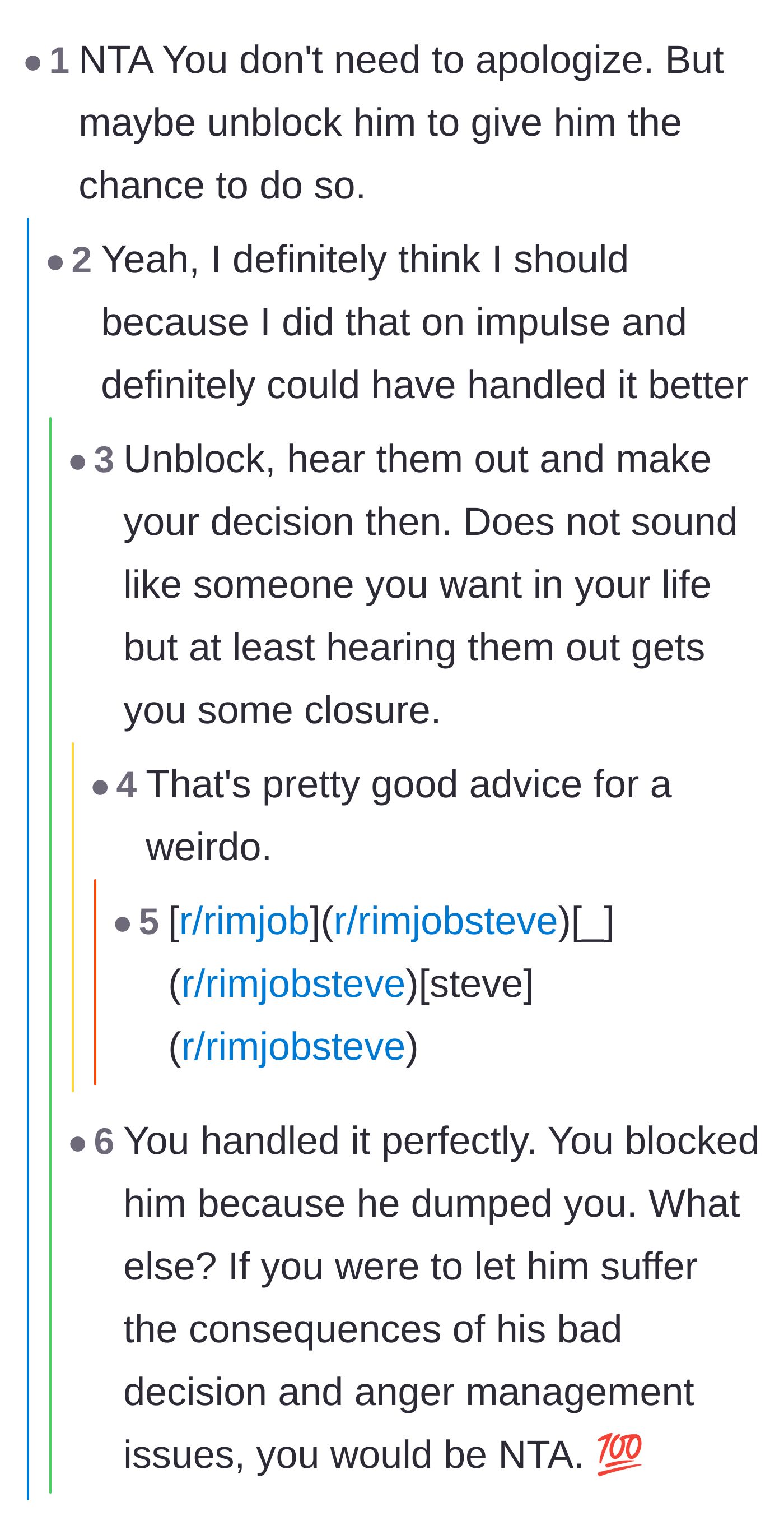 Comment thread 6 - Advice suggesting the author temporarily unblock her friend to get closure, with the author agreeing.