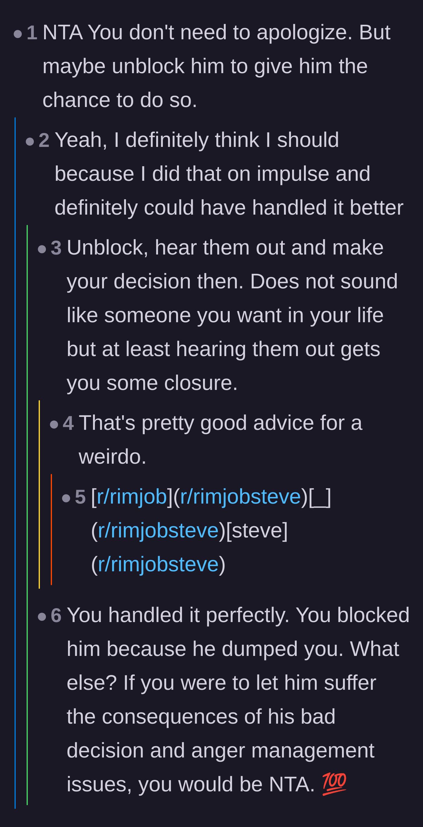 Comment thread 6 - Advice suggesting the author temporarily unblock her friend to get closure, with the author agreeing.