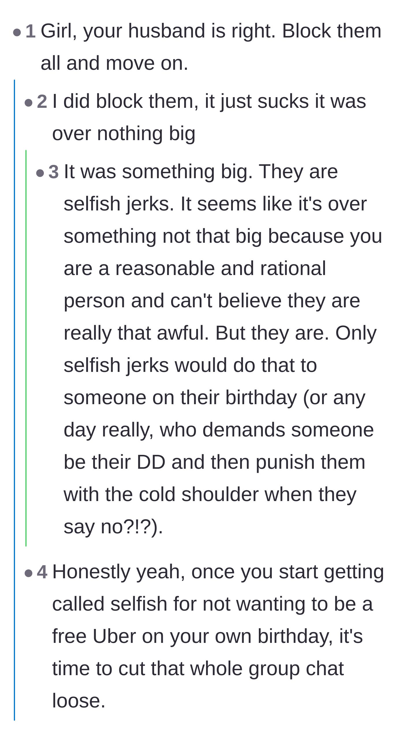 Comment thread 1 - Readers agree with the husband and reassure the birthday girl that the friends' behavior was actual bullying.