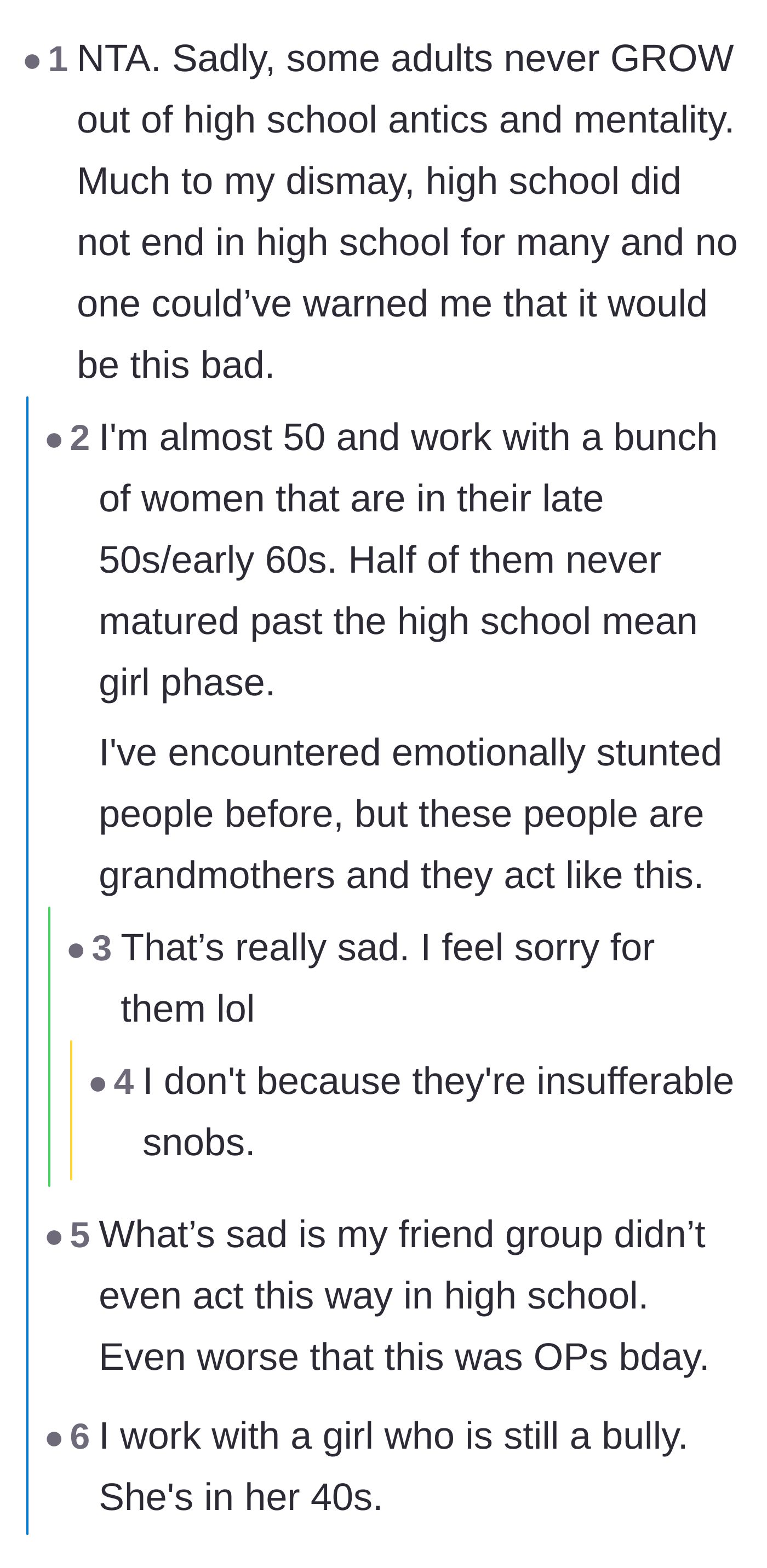 Comment thread 5 - A discussion about adults and older women who never outgrew their high school bully phase.