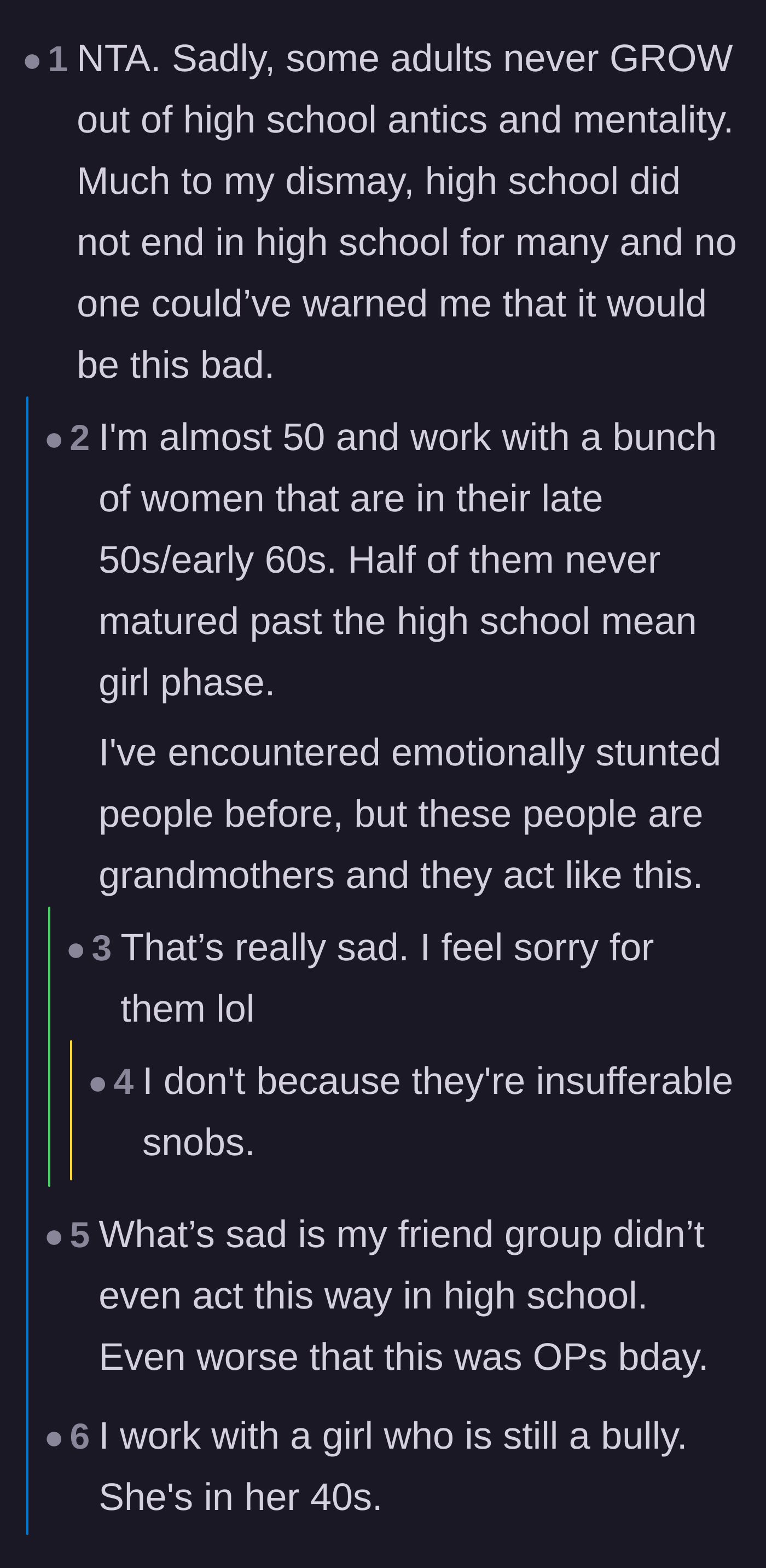 Comment thread 5 - A discussion about adults and older women who never outgrew their high school bully phase.