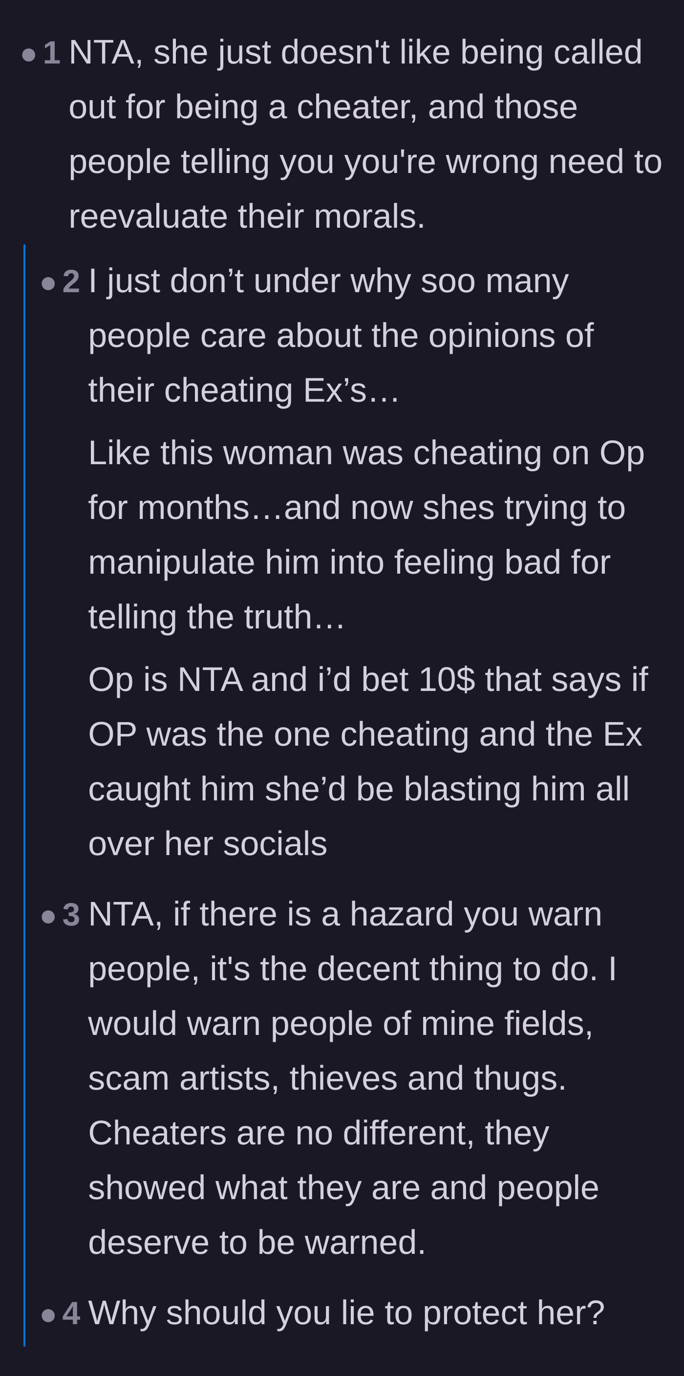 Comment thread 1 - Commenters discussing the ex's manipulation tactics and why her opinion no longer matters