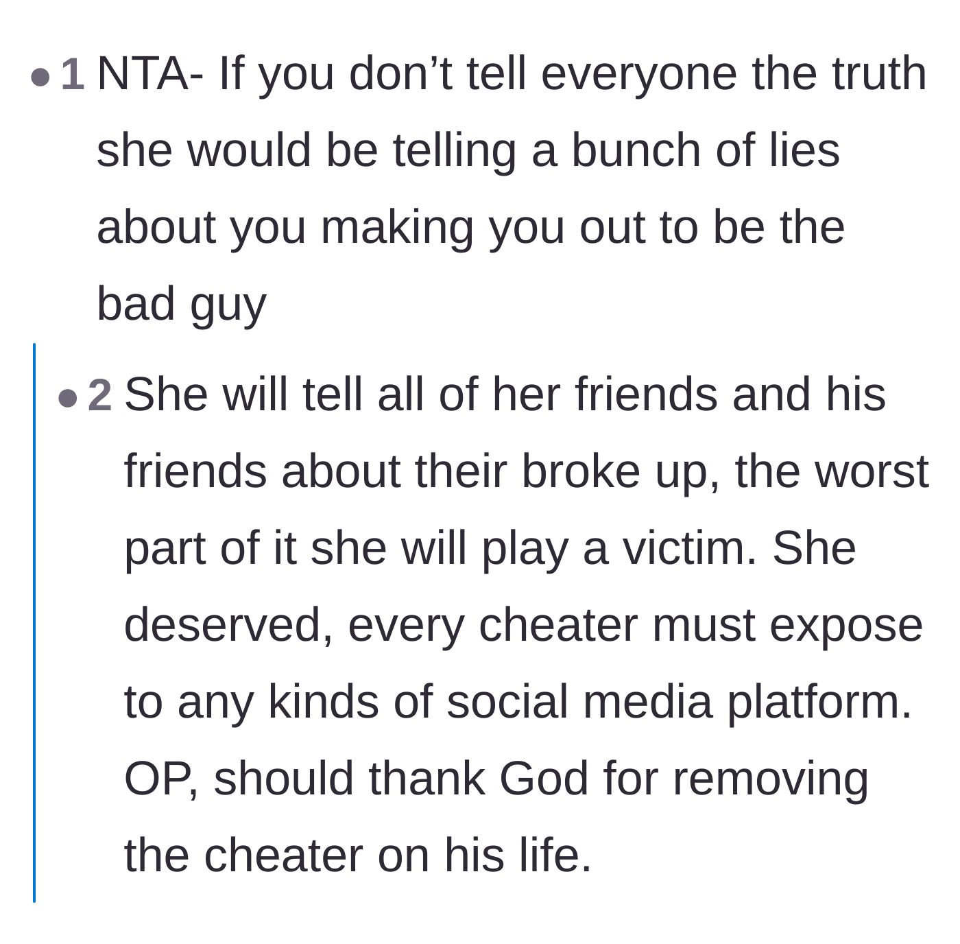 Comment thread 2 - Discussion about how the ex would have played the victim if the truth wasn't exposed