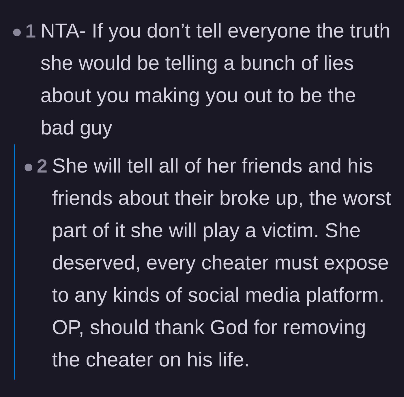 Comment thread 2 - Discussion about how the ex would have played the victim if the truth wasn't exposed