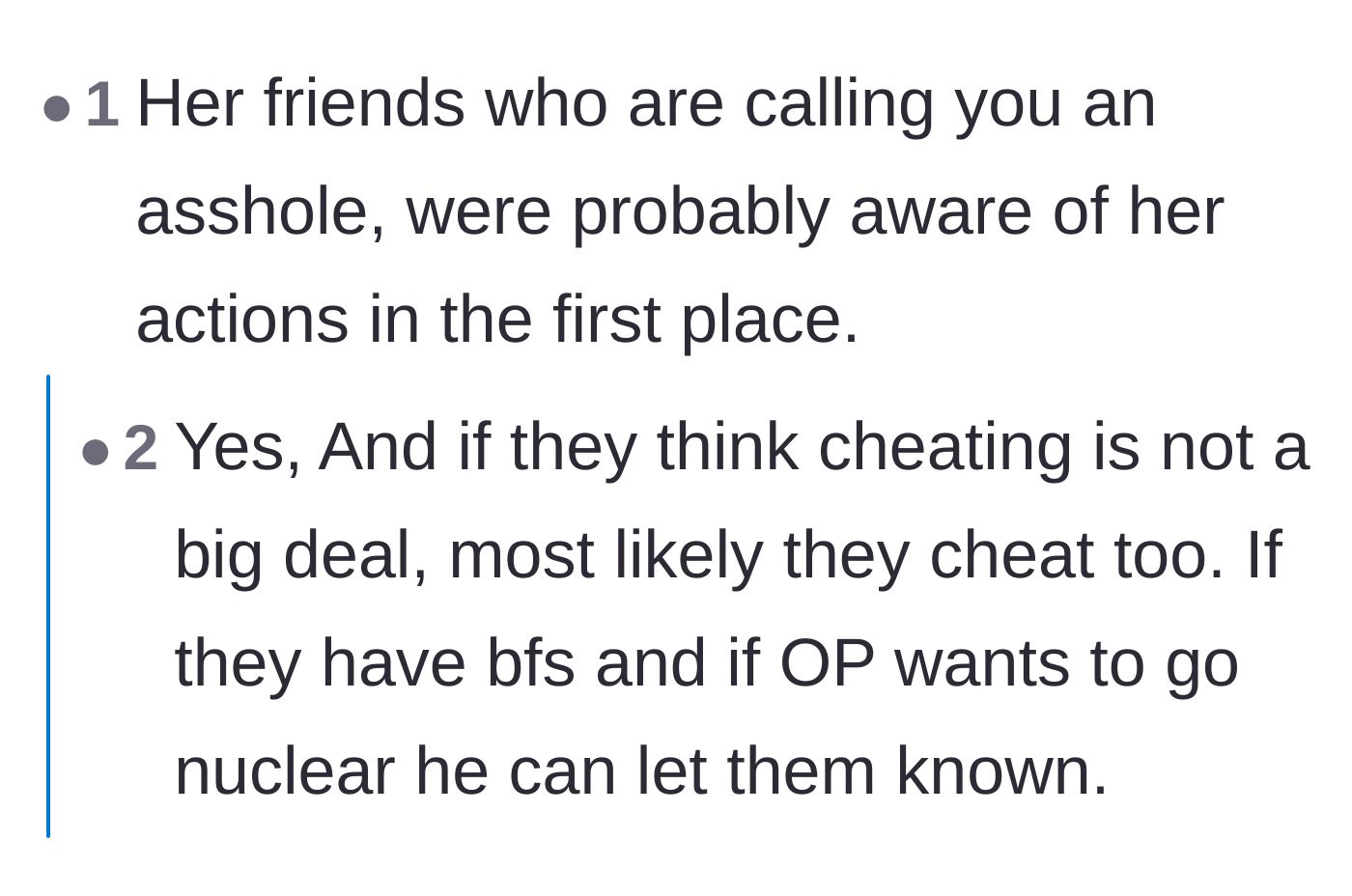Comment thread 5 - Speculation that the ex's defensive friends were likely complicit in hiding the affair