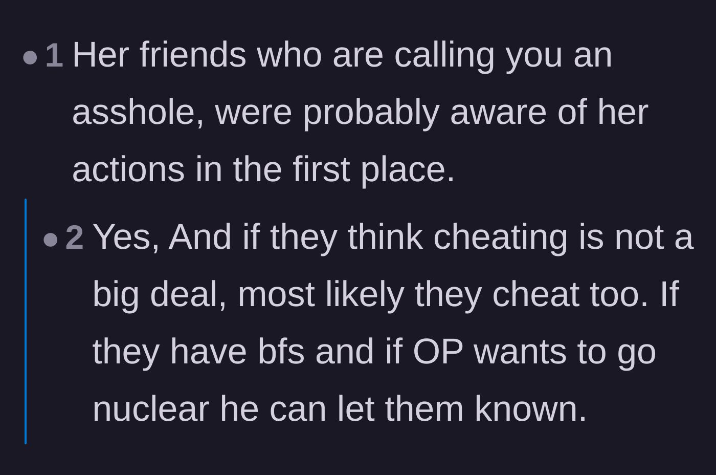 Comment thread 5 - Speculation that the ex's defensive friends were likely complicit in hiding the affair