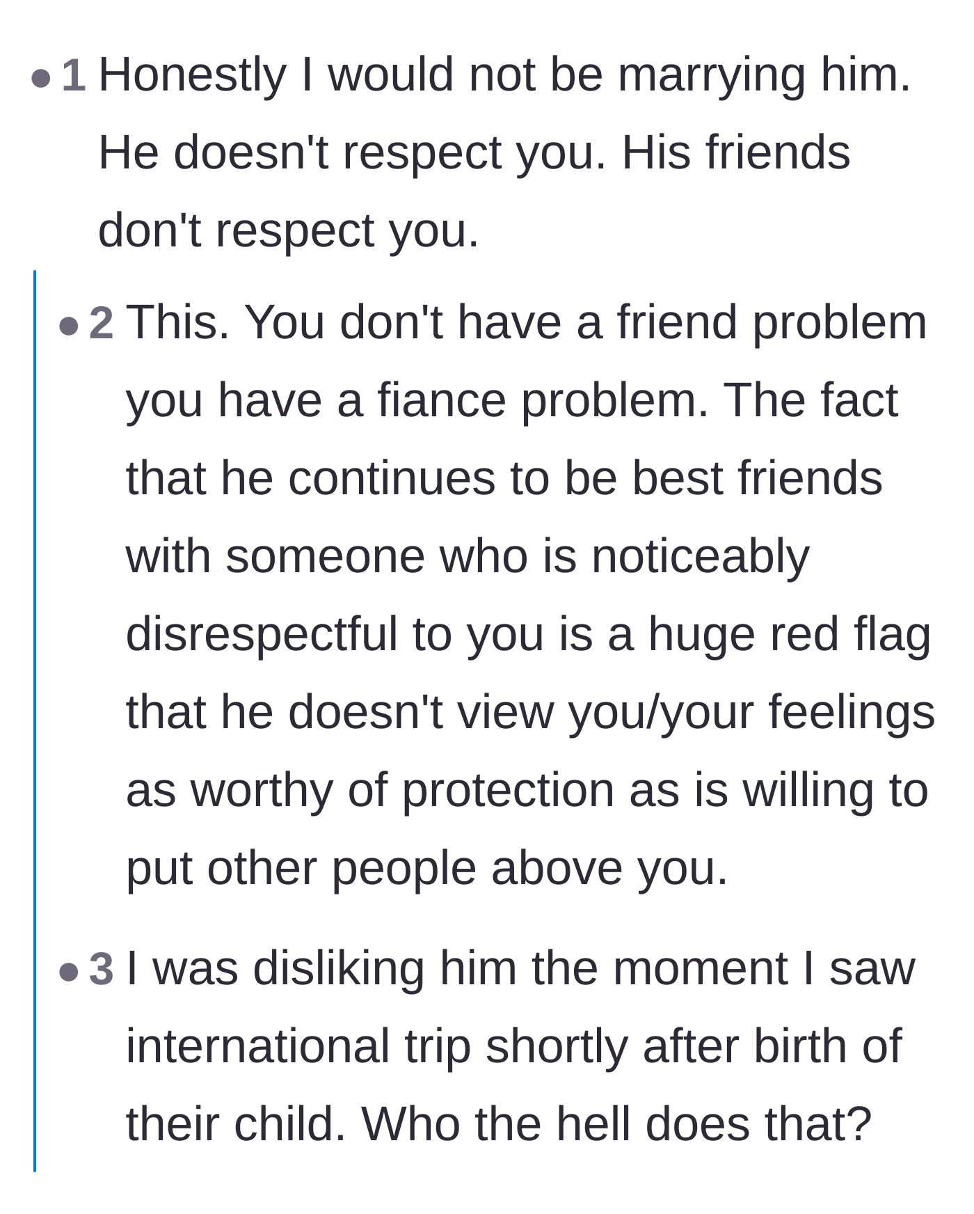 Comment thread 1 - Readers argue that the real issue is a spineless fiancé who allows his friends to disrespect his future wife.
