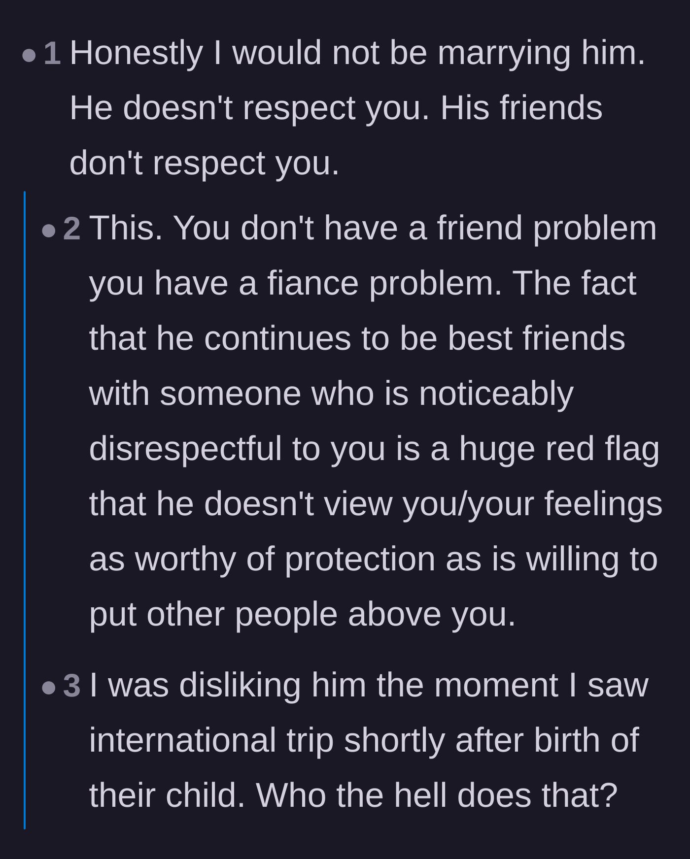 Comment thread 1 - Readers argue that the real issue is a spineless fiancé who allows his friends to disrespect his future wife.