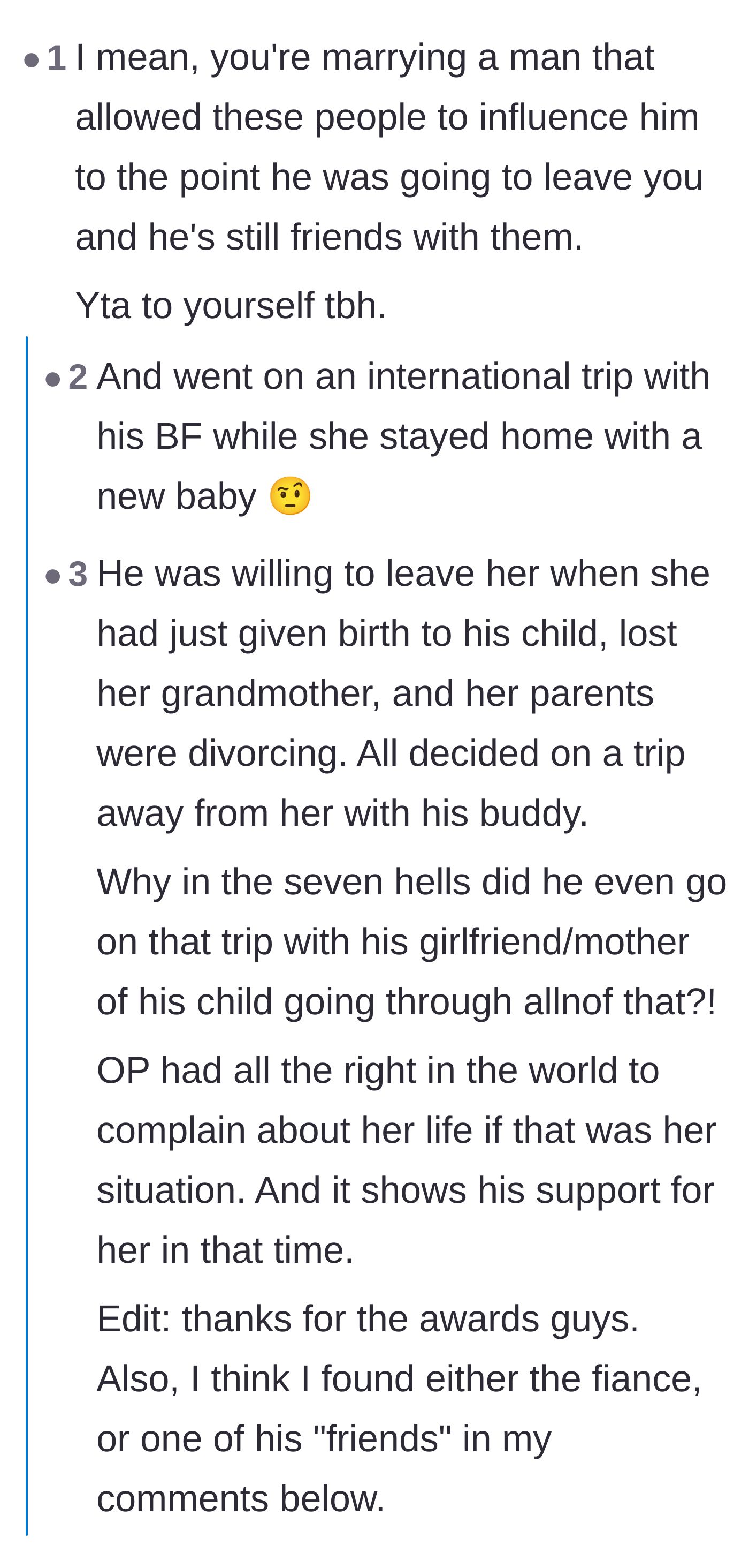 Comment thread 2 - Commenters express shock and anger over the fiancé taking a vacation right after his child's birth.