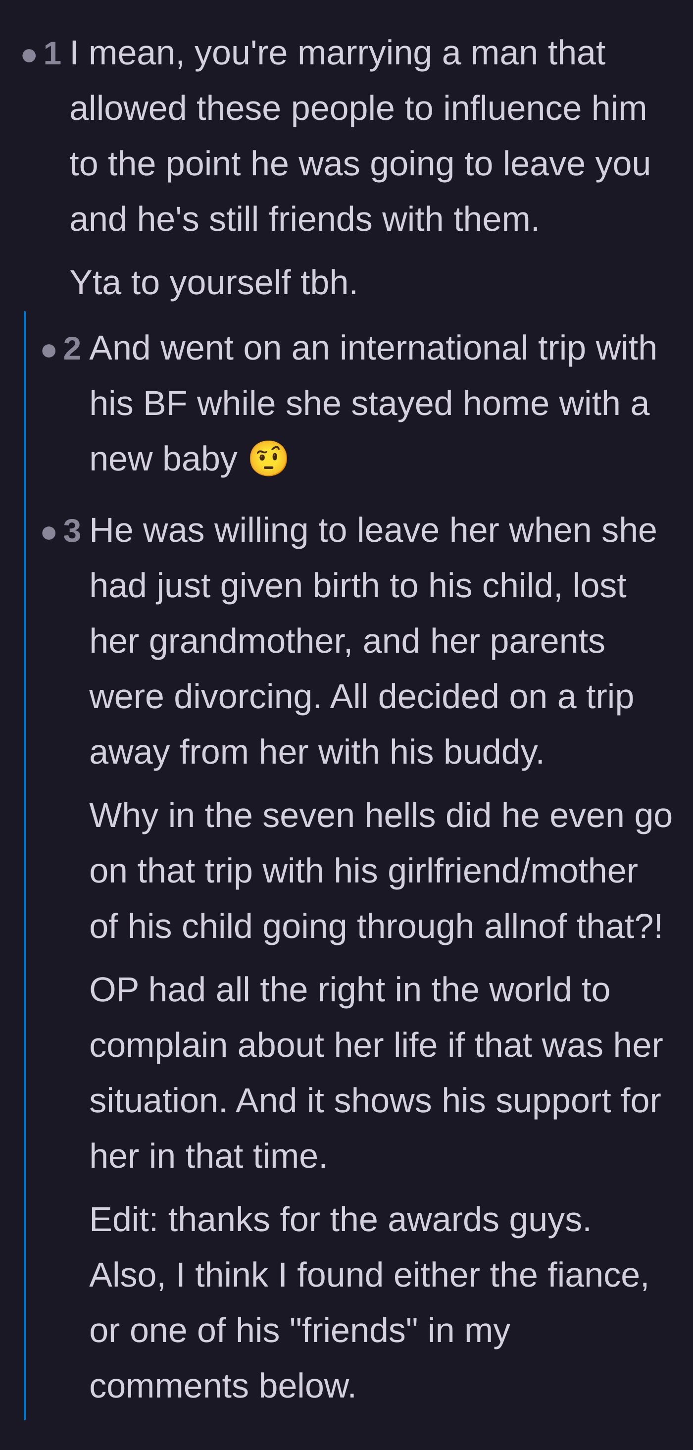 Comment thread 2 - Commenters express shock and anger over the fiancé taking a vacation right after his child's birth.