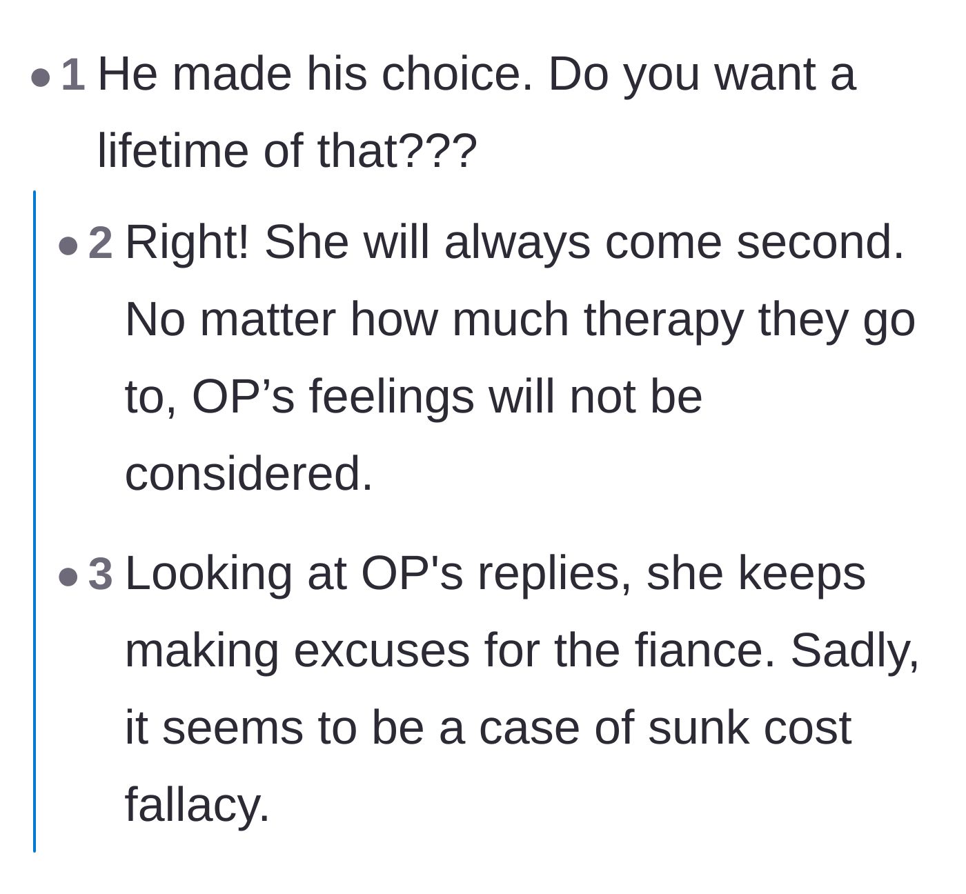 Comment thread 4 - A discussion about sunk cost fallacy and the fear that the bride will always come second to his friends.