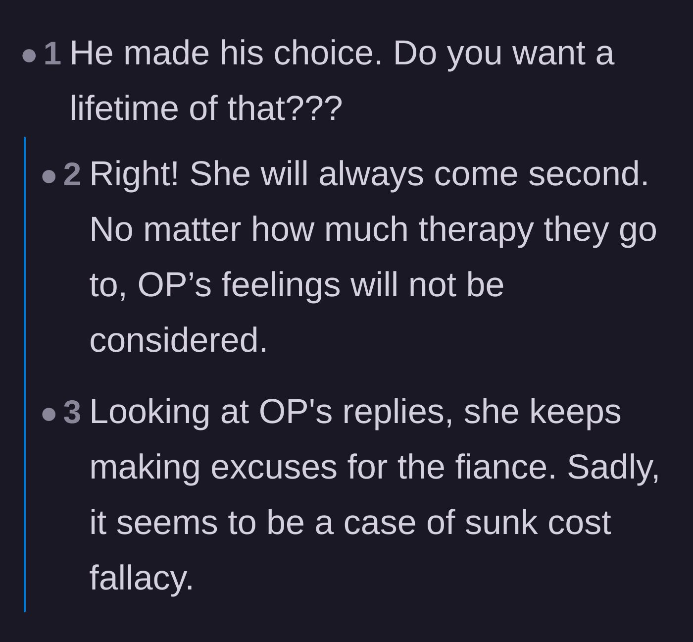 Comment thread 4 - A discussion about sunk cost fallacy and the fear that the bride will always come second to his friends.