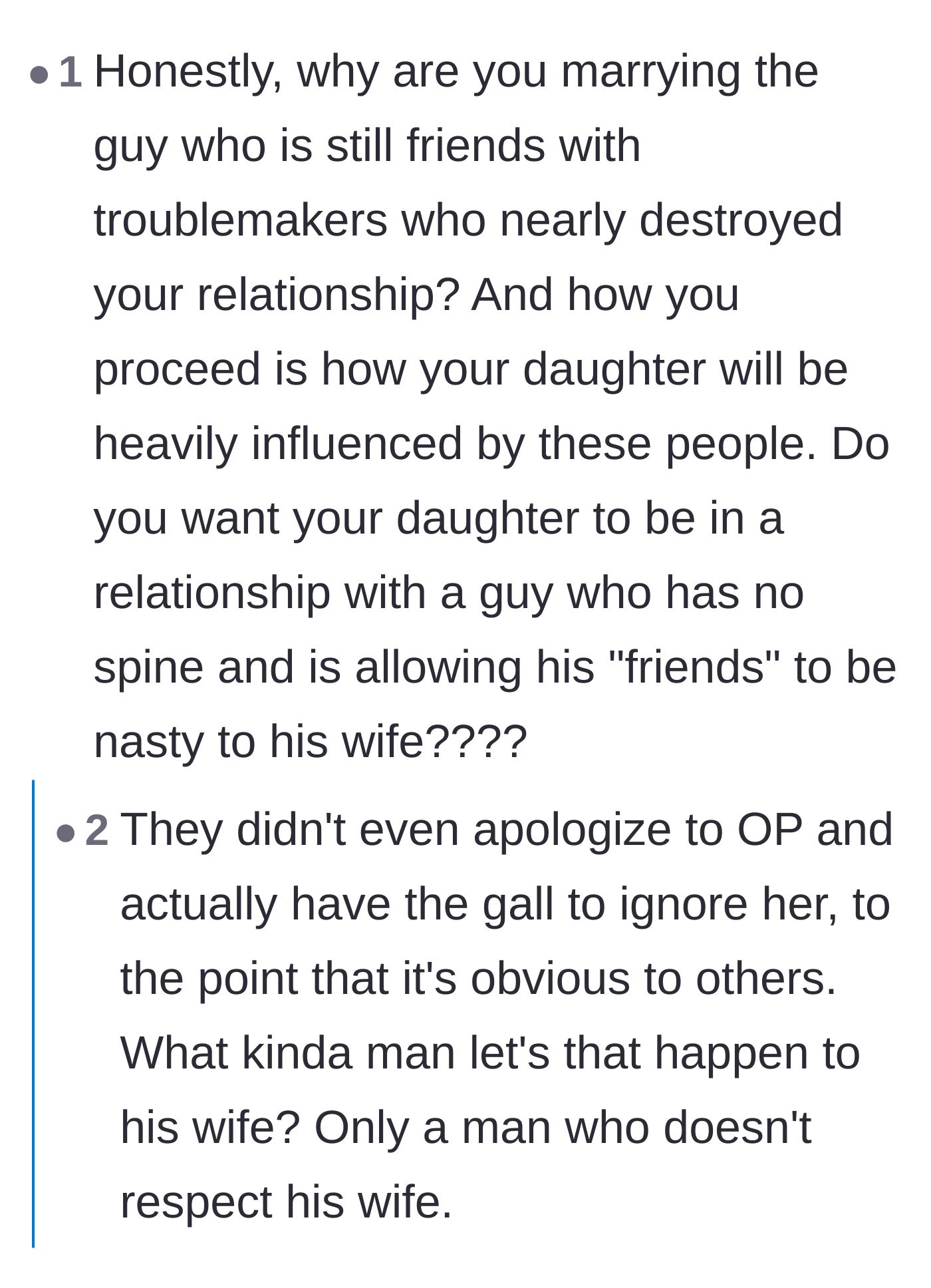 Comment thread 5 - Readers point out the terrible example the fiancé's behavior is setting for their young daughter.