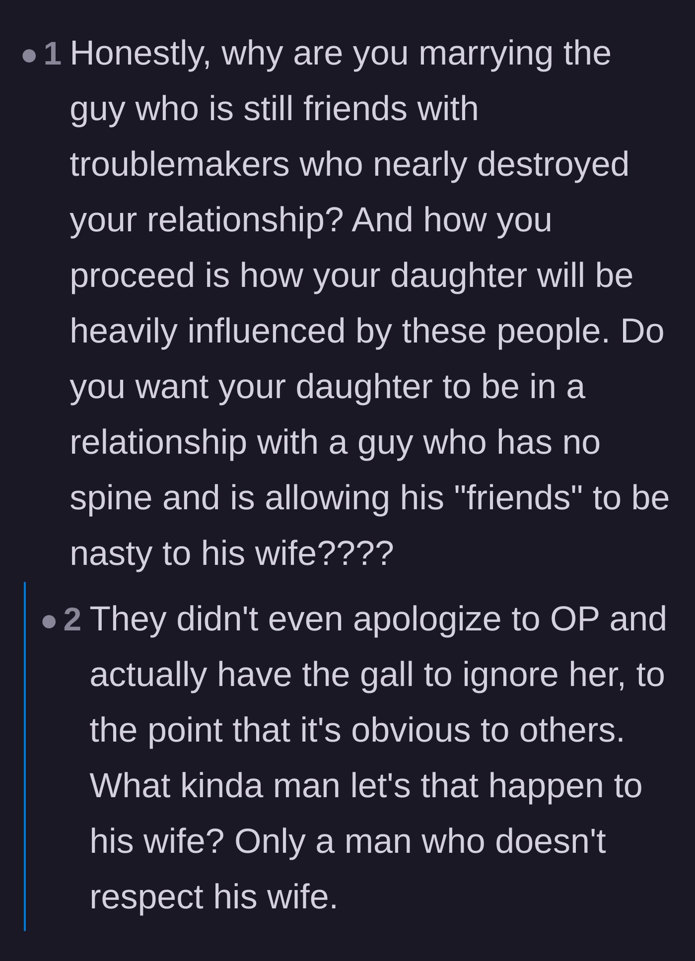 Comment thread 5 - Readers point out the terrible example the fiancé's behavior is setting for their young daughter.