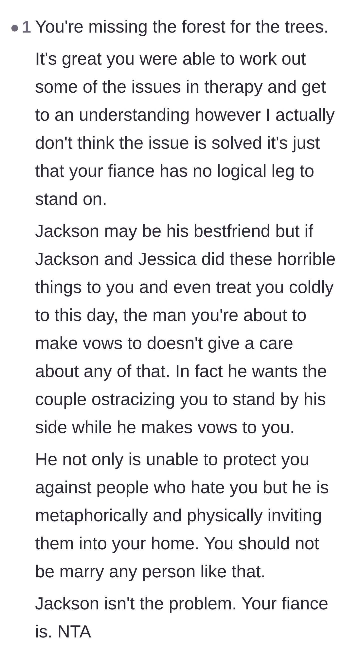 Comment thread 6 - A summary concluding that the fiancé is the real problem for physically bringing the bride's bullies into her wedding.