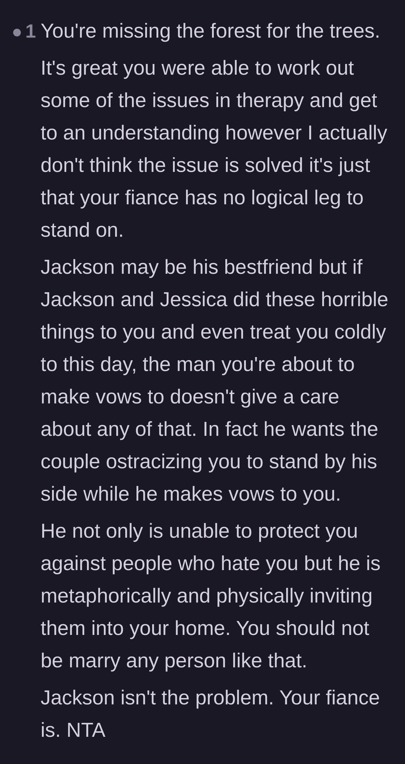 Comment thread 6 - A summary concluding that the fiancé is the real problem for physically bringing the bride's bullies into her wedding.