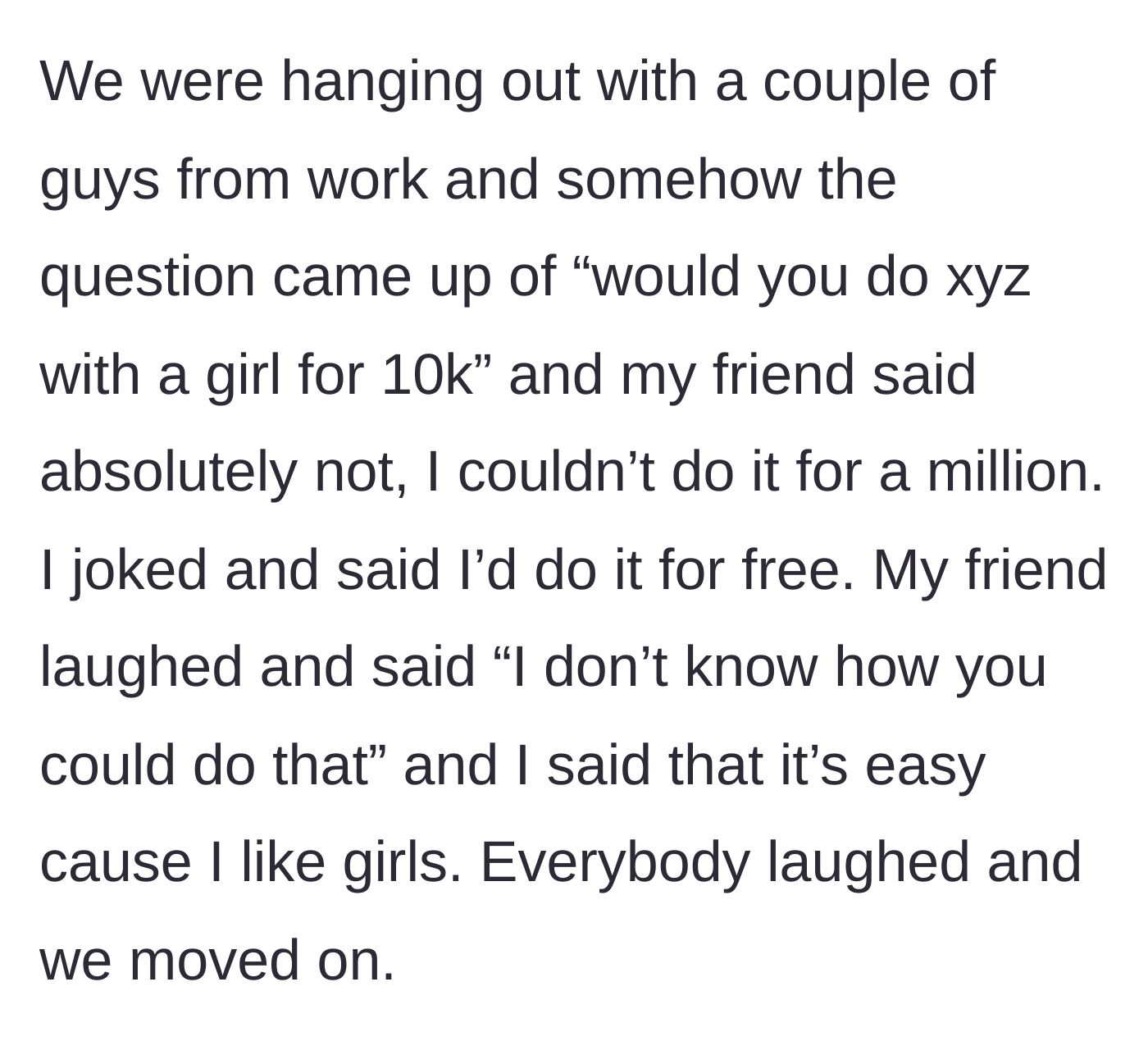 Story part 2 - A group of coworkers hanging out, where the main character casually jokes about her bisexuality in response to a hypothetical question.