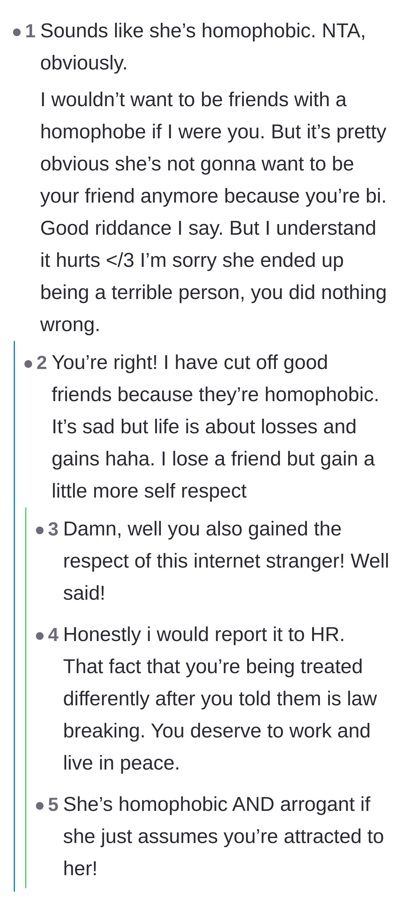 Comment thread 3 - The main character responding about gaining self-respect after losing a toxic friend, alongside advice to contact HR.