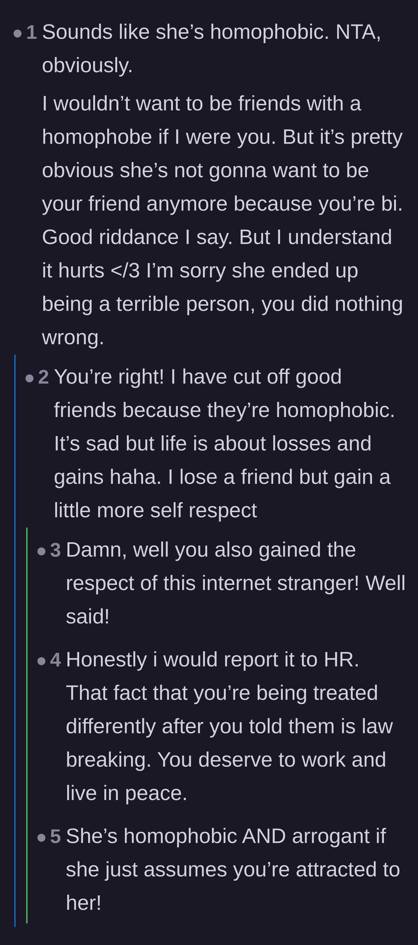 Comment thread 3 - The main character responding about gaining self-respect after losing a toxic friend, alongside advice to contact HR.