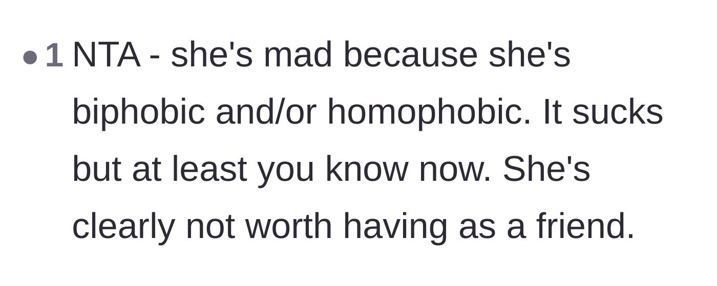 Comment thread 4 - Straightforward validation that the coworker's biphobia makes her unworthy of friendship.