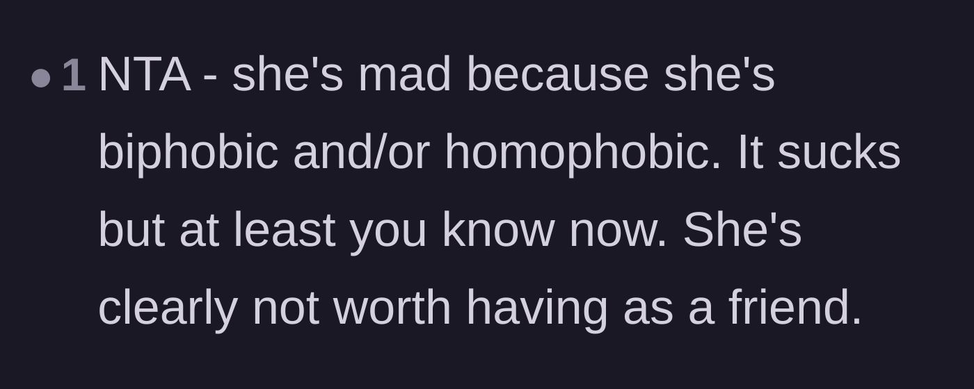 Comment thread 4 - Straightforward validation that the coworker's biphobia makes her unworthy of friendship.