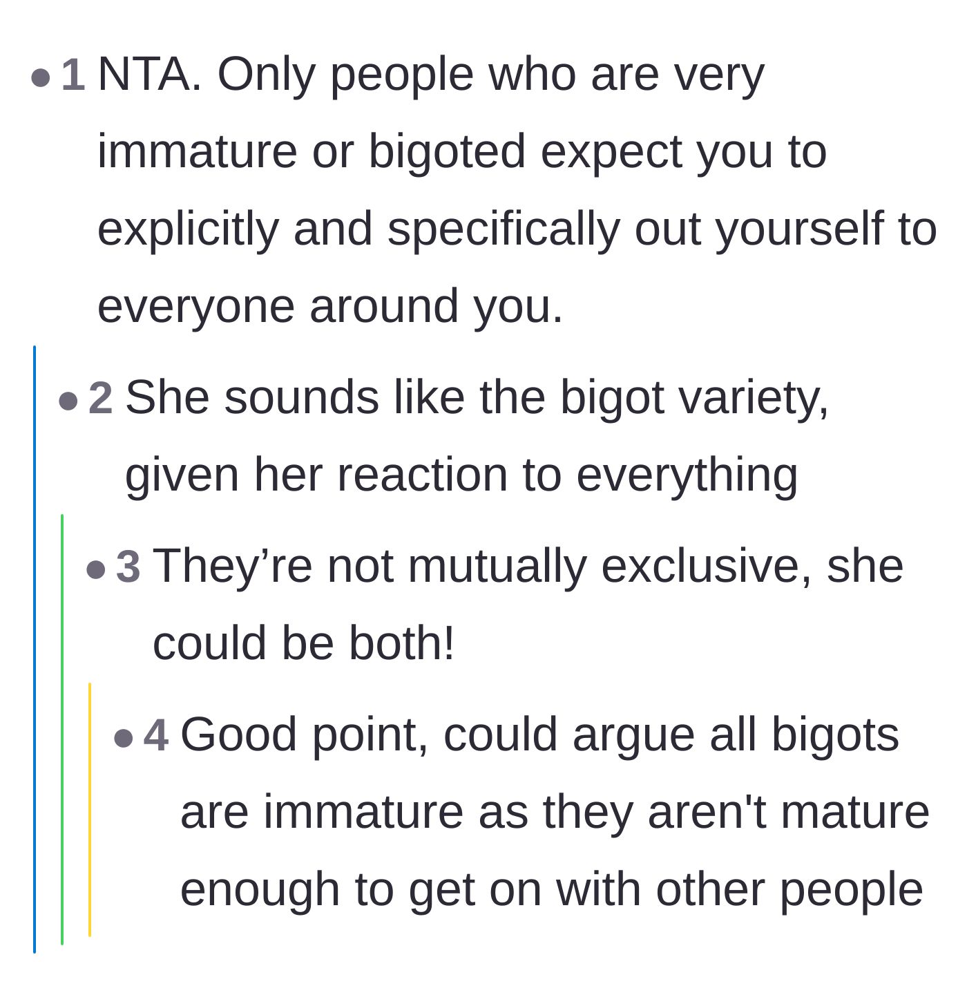 Comment thread 5 - Arguing that only bigoted or immature people expect others to explicitly out themselves.