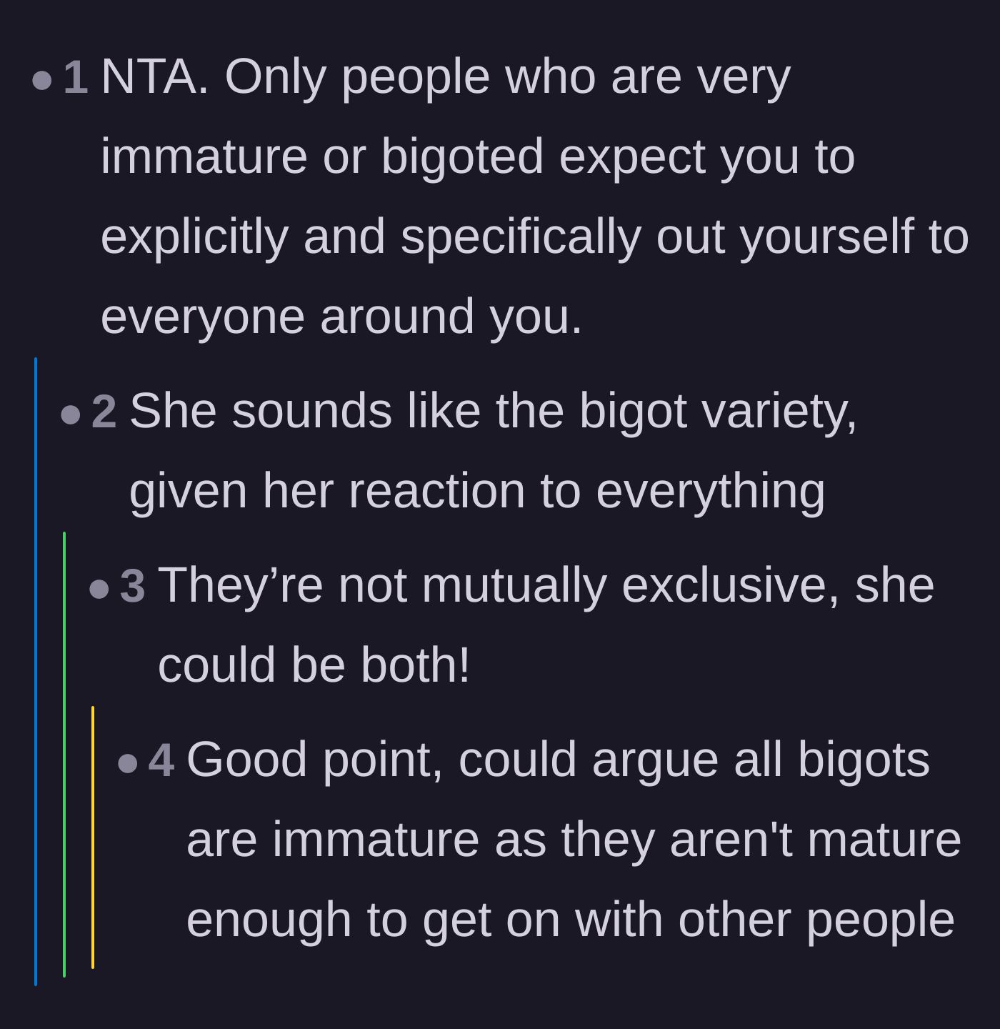 Comment thread 5 - Arguing that only bigoted or immature people expect others to explicitly out themselves.
